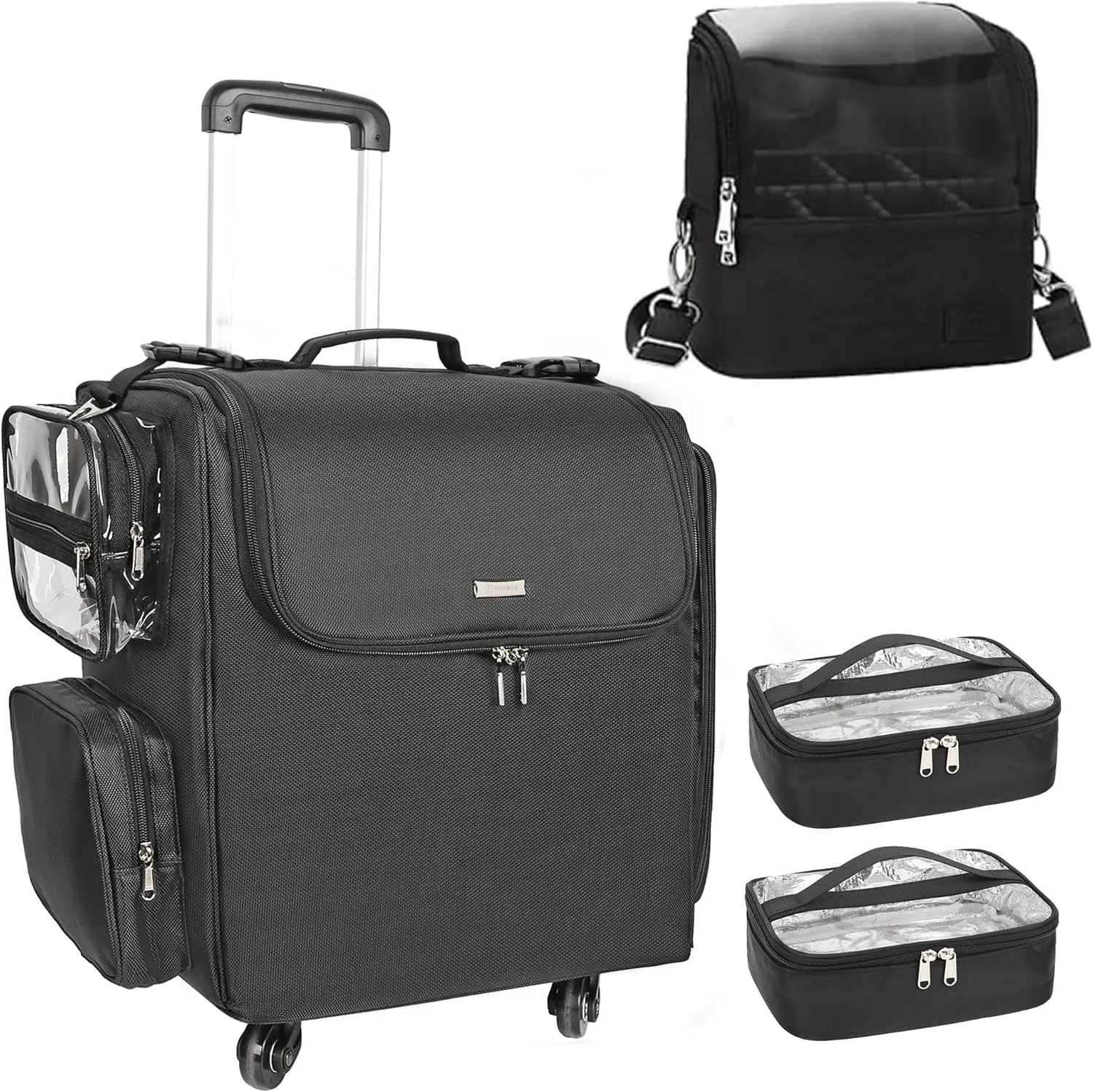 Relavel Rolling Makeup Train Case and Makeup Brush Case, Hairstylist Traveling Bag with 4 Wheels, Heat Insulation Full Layer, Adjustable Dividers, Hair Tools and Cosmetics Storage Organizer