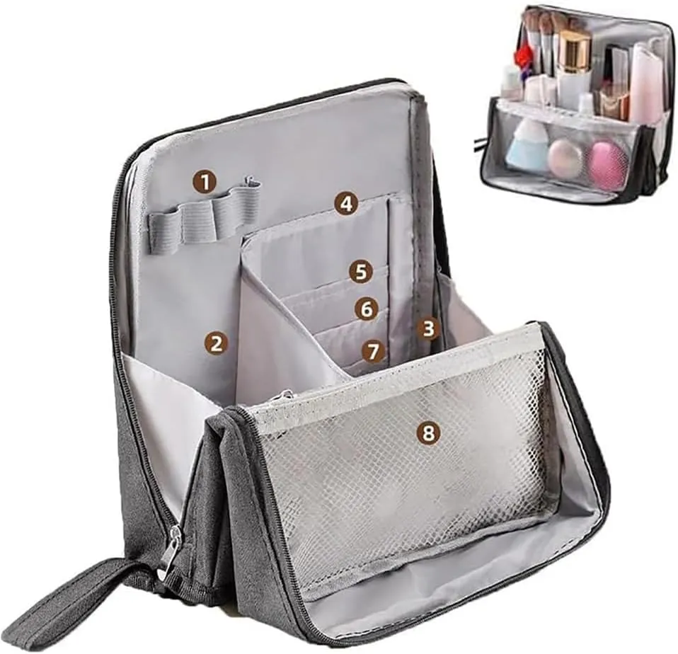 Relevanton Standing Makeup Bag, 2025 New Doresty Standing Makeup Bag Portable, Large Capacity, Multi-purpose Oxford Cloth Standing Makeup Bags with 8 Compartments (Beige)