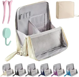 Relevanton Standing Makeup Bag, 2025 New Doresty Standing Makeup Bag Portable, Large Capacity, Multi-purpose Oxford Cloth Standing Makeup Bags with 8 Compartments (Beige)