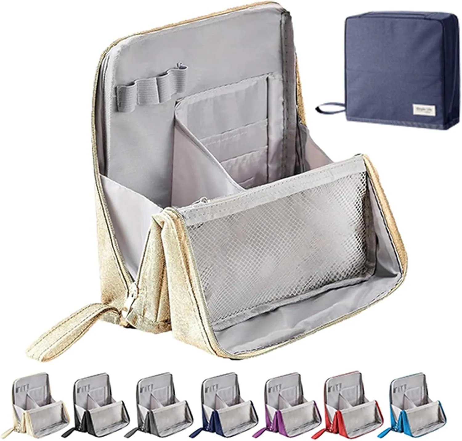 Relevanton Standing Makeup Bag, Mysite Standing Makeup Bag Portable, Vertical Makeup Organizer Bag, Large Capacity, Oxford Cloth Storage Bags, Waterproof with Compartments (Beige)