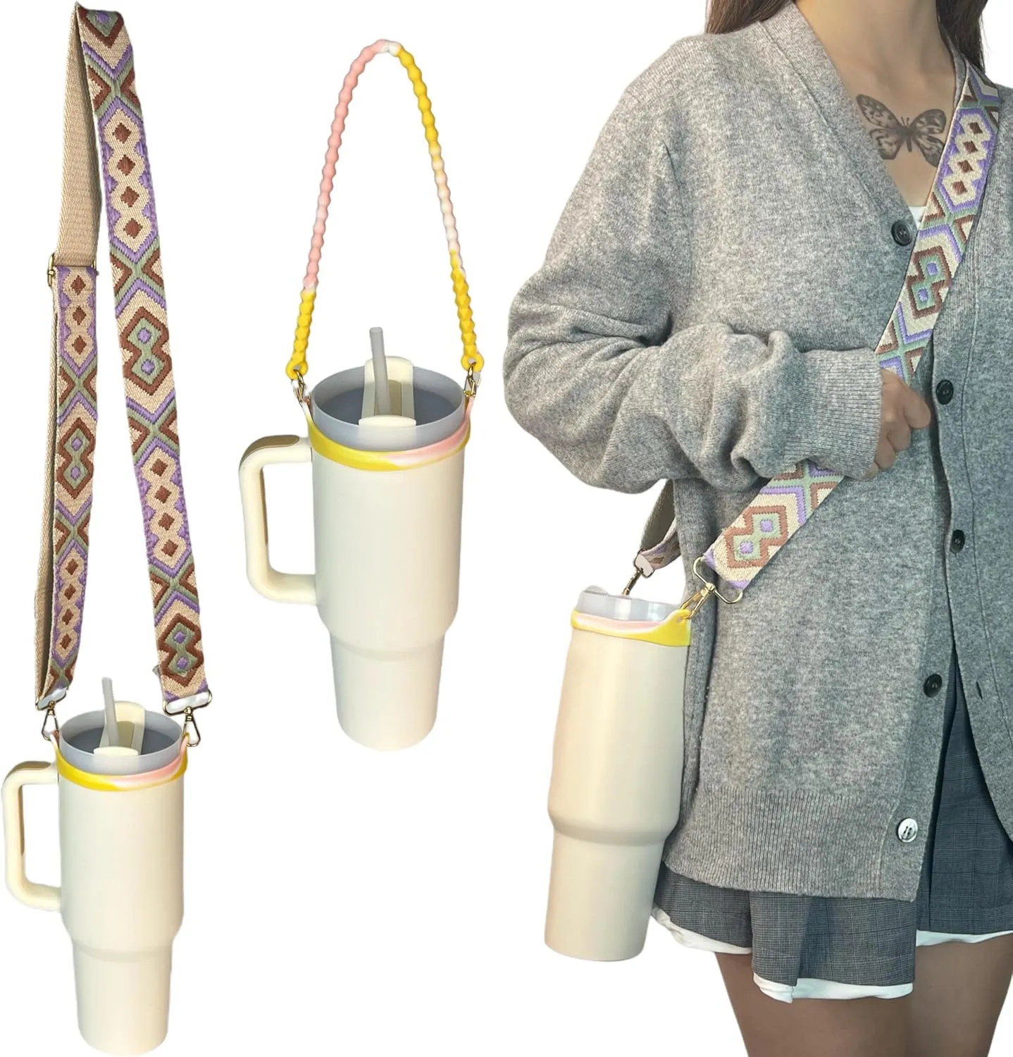 Removable Water Bottle Carrier Strap For Stanley Cup 40/30/20 oz Tumbler,Holder with Strap Accessories Lanyard Also for Owala/Hydro Flask/Simple Modern/Yeti Insulated Water Bottle 16-46 Oz Purple