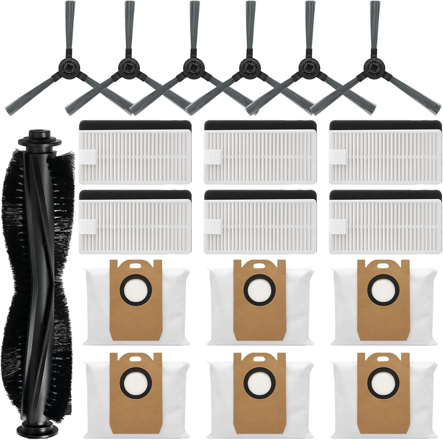 Replacement Parts Kit Compatible with iHome AutoVac Nova S1 Pro Robot Vacuum Cleaner Accessories iHRVS1PRO-3BLK, 1 Main Roller Brush, 6 Side Brushes, 6 Hepa Filters, 6 Dust Bags
