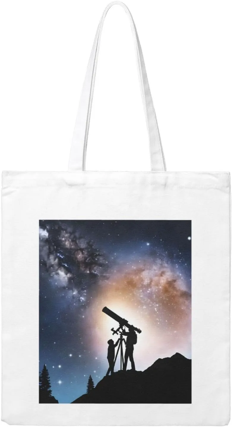 Reusable Heavy-Duty Canvas Tote Bag, Space Galaxy with Telescope handbag 15.75x13.87 Inch, Large Eco-Friendly Shopping Tote for Travel, Gym, Gifts, Machine Washable