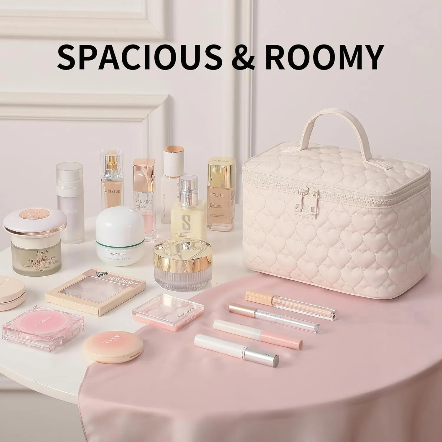RIGHT AWAY Makeup Bag,Large Cosmetic Bags for Women Girls, Quilted Train Case Make Up Bag with Handle,Travel Makeup Case Organizer,Cute Toiletry Bag Vanity Bag(White)