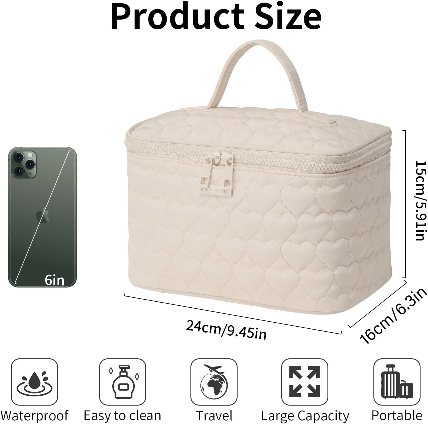 RIGHT AWAY Makeup Bag,Large Cosmetic Bags for Women Girls, Quilted Train Case Make Up Bag with Handle,Travel Makeup Case Organizer,Cute Toiletry Bag Vanity Bag(White)