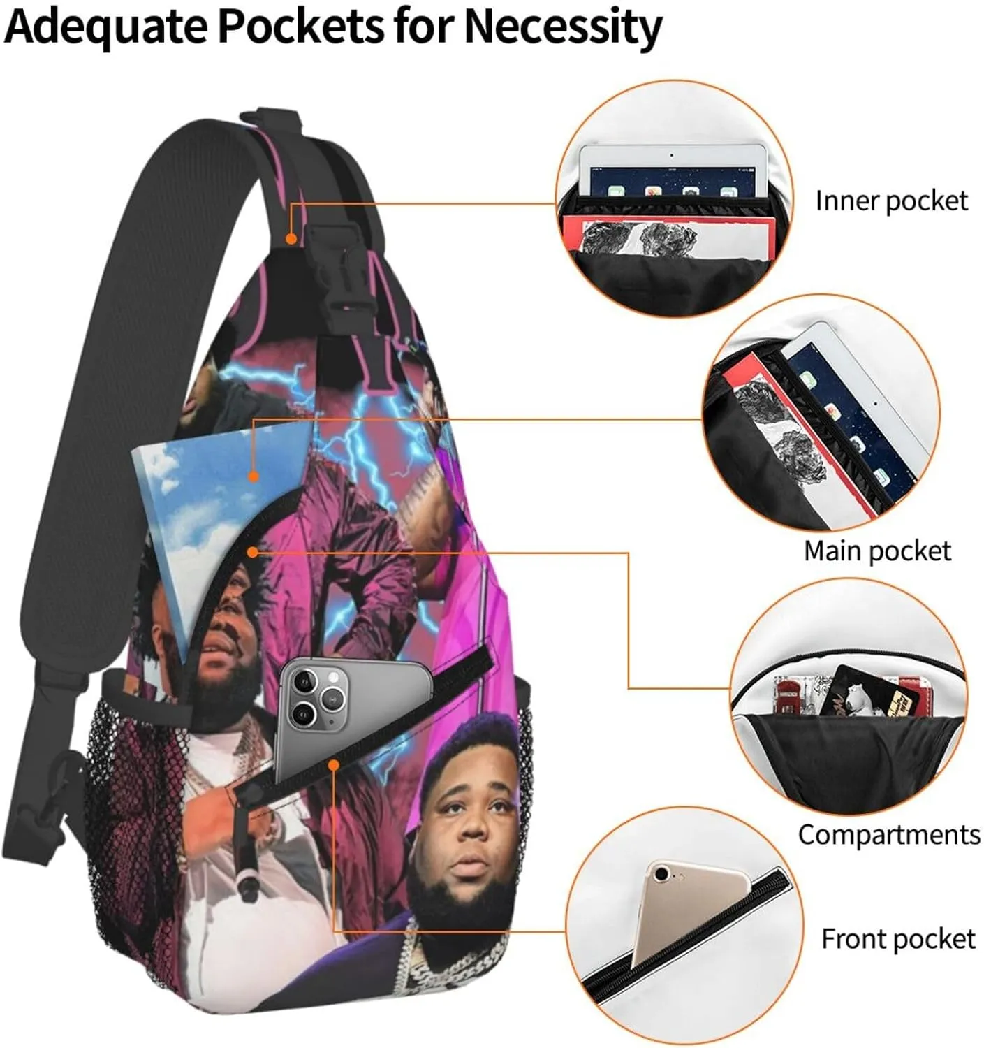 Rod Music Wave Fashion Casual Crossbody Bag Chest Bag Sling Bag Travel Daypack For Women Men Black