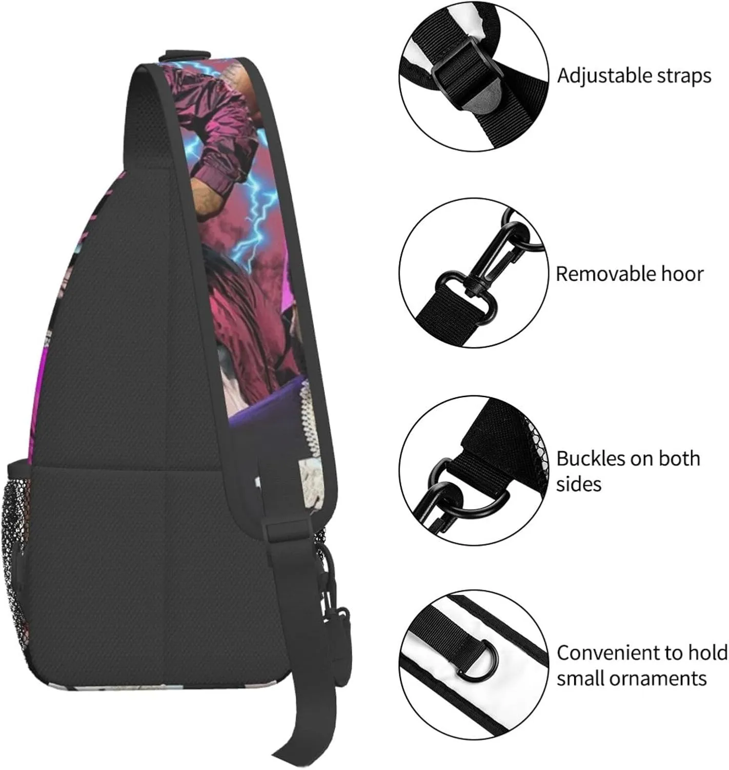 Rod Music Wave Fashion Casual Crossbody Bag Chest Bag Sling Bag Travel Daypack For Women Men Black