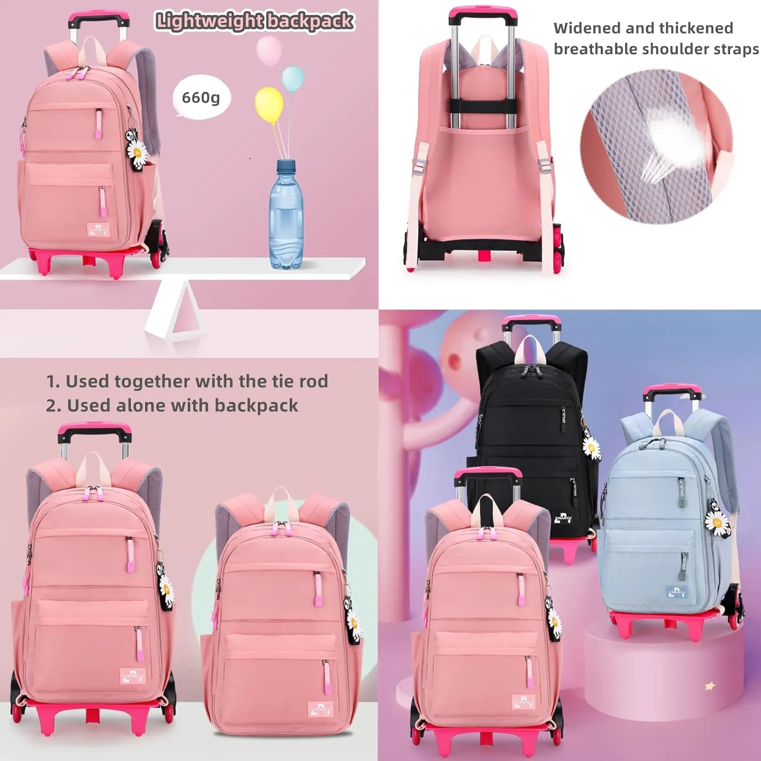 Rolling Backpack,Backpack with Wheels,Kids Roller Backpack for Girls Boys Travel Bag on Wheels Kids Trolley School Bag,Pink