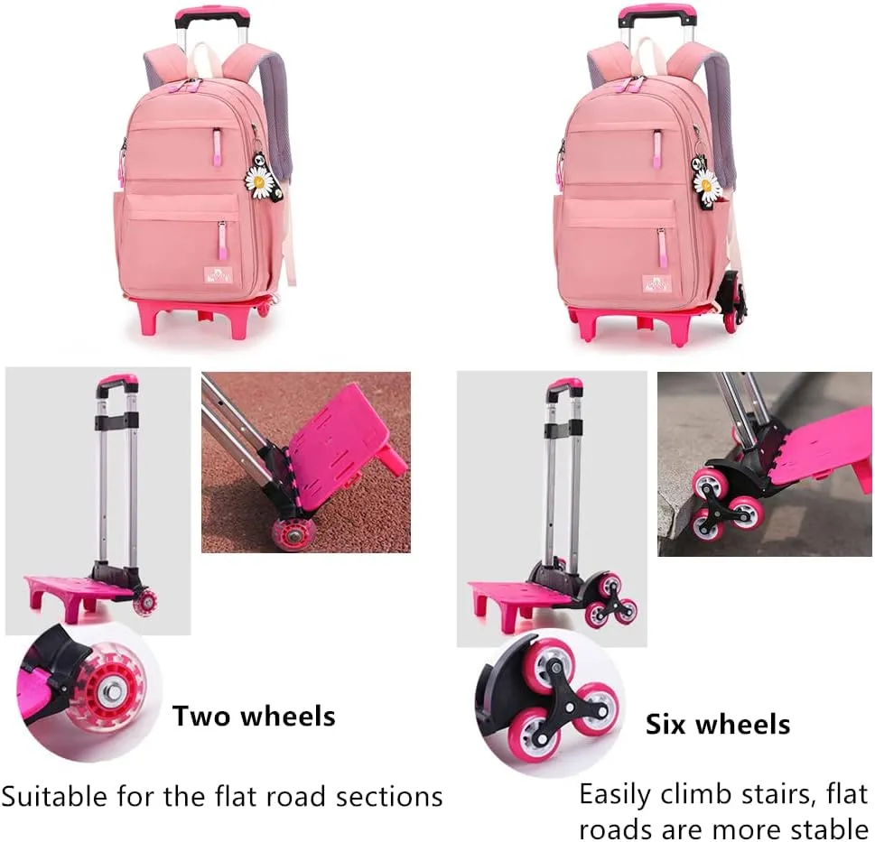 Rolling Backpack,Backpack with Wheels,Kids Roller Backpack for Girls Boys Travel Bag on Wheels Kids Trolley School Bag,Pink