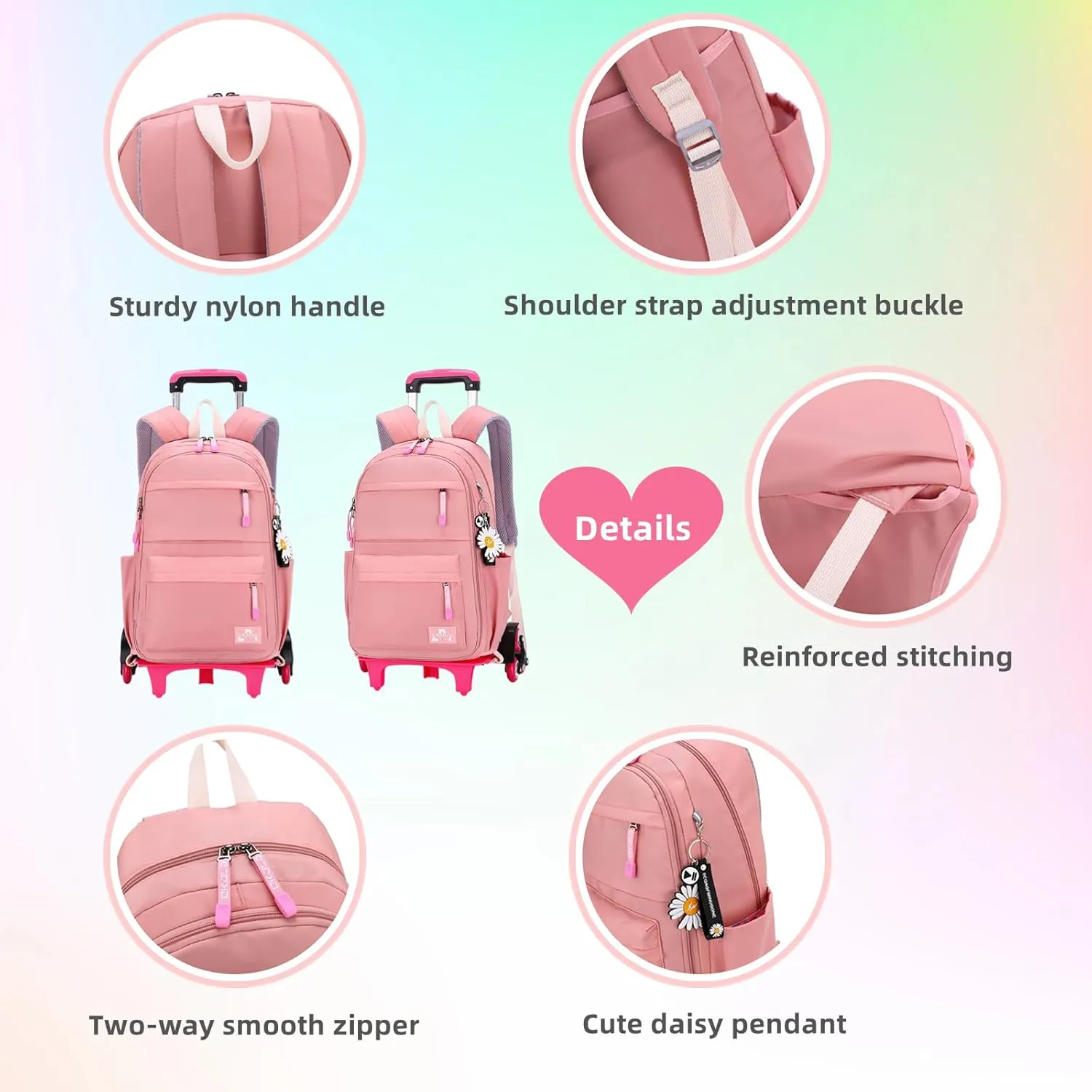 Rolling Backpack,Backpack with Wheels,Kids Roller Backpack for Girls Boys Travel Bag on Wheels Kids Trolley School Bag,Pink