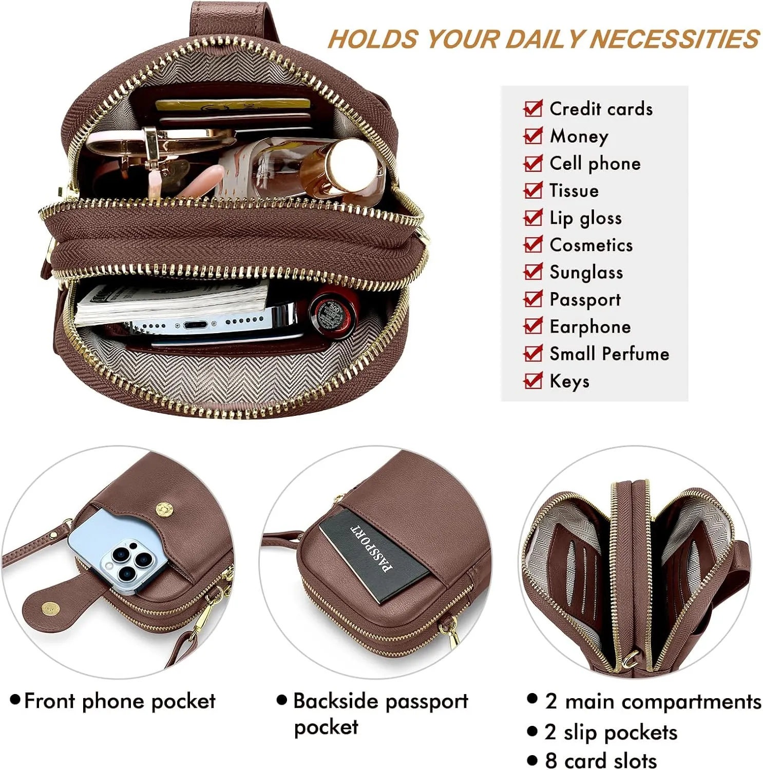 RONSIN Leather Small Crossbody Purse for Women Cell Phone Bag Holder Wallet Purse Travel Pouch Adjustable Strap