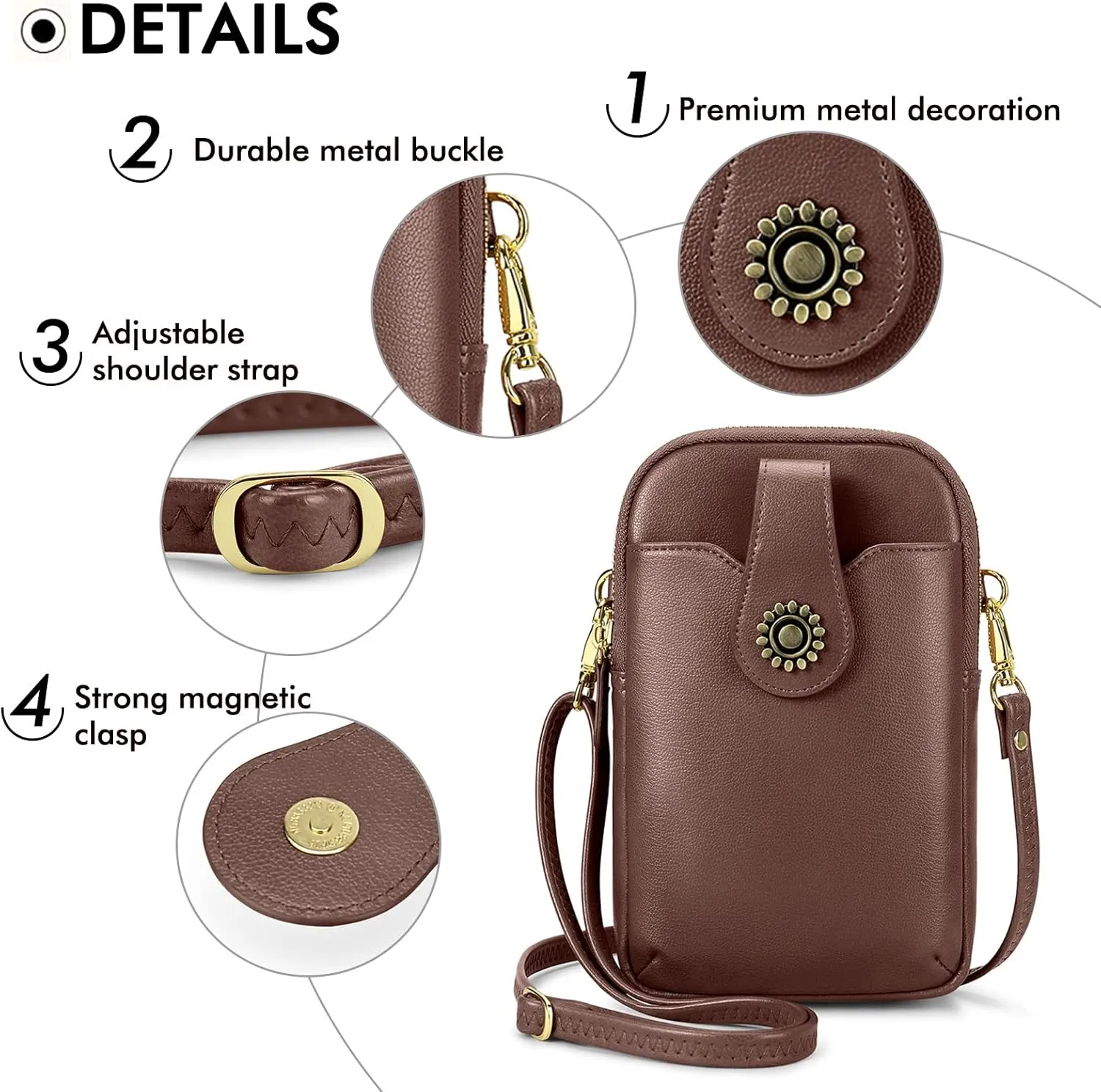 RONSIN Leather Small Crossbody Purse for Women Cell Phone Bag Holder Wallet Purse Travel Pouch Adjustable Strap