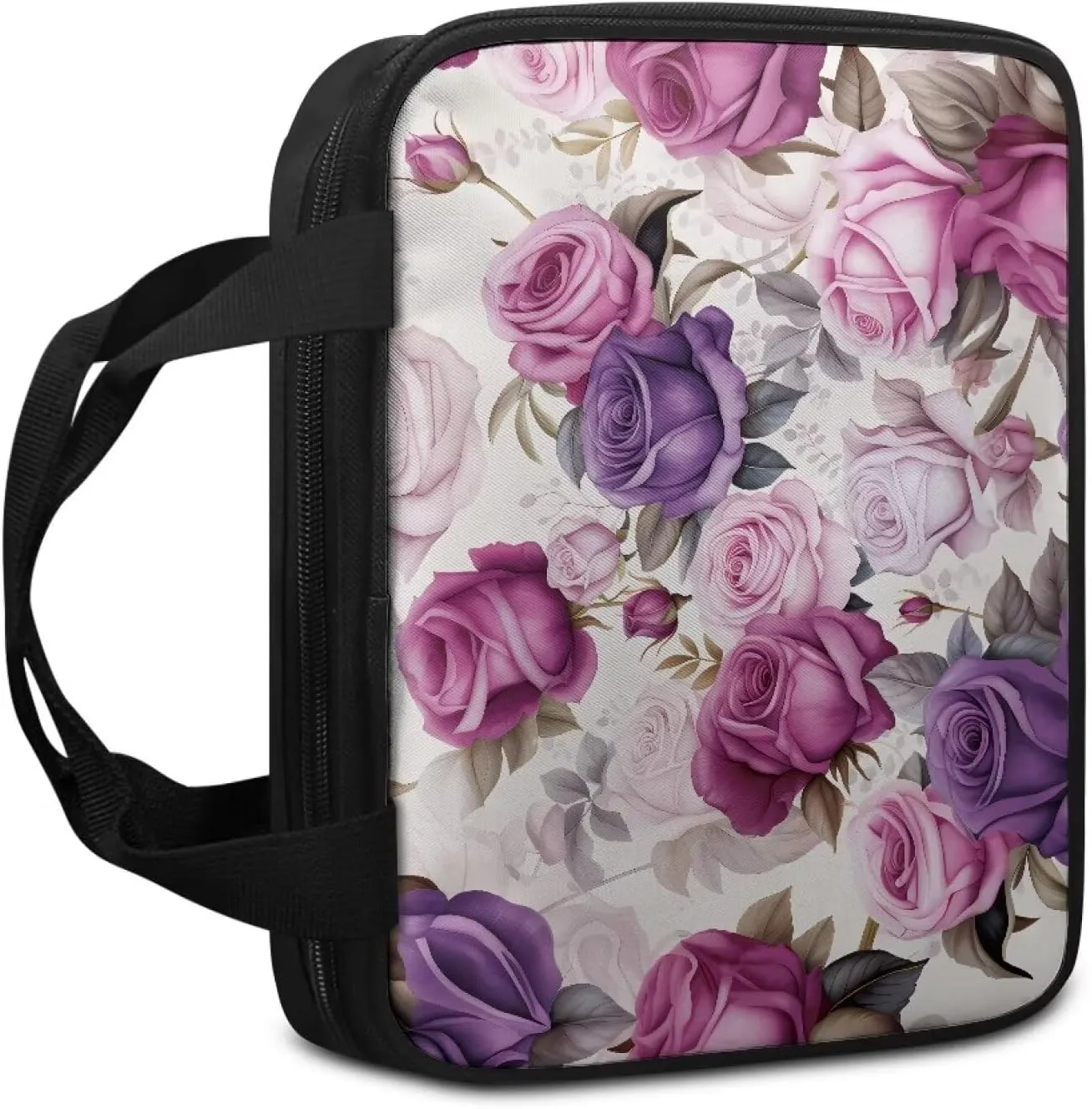 Roses Print Bible Tote Bag Bible Protective Case for Women,Aesthetic Church Tote Bag Bible Crossbody Bag with Handle,Floral Bible Bag with Zippered Pocket,Mother's Day Gift