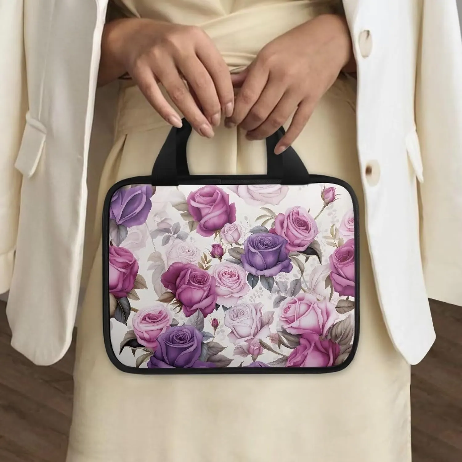 Roses Print Bible Tote Bag Bible Protective Case for Women,Aesthetic Church Tote Bag Bible Crossbody Bag with Handle,Floral Bible Bag with Zippered Pocket,Mother's Day Gift