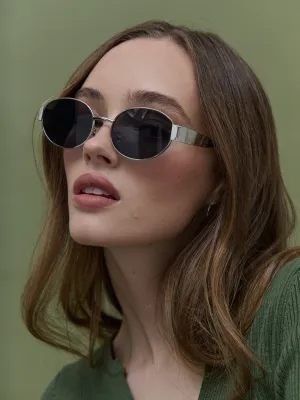 Round Silver Metal Oval Sunglasses in Black