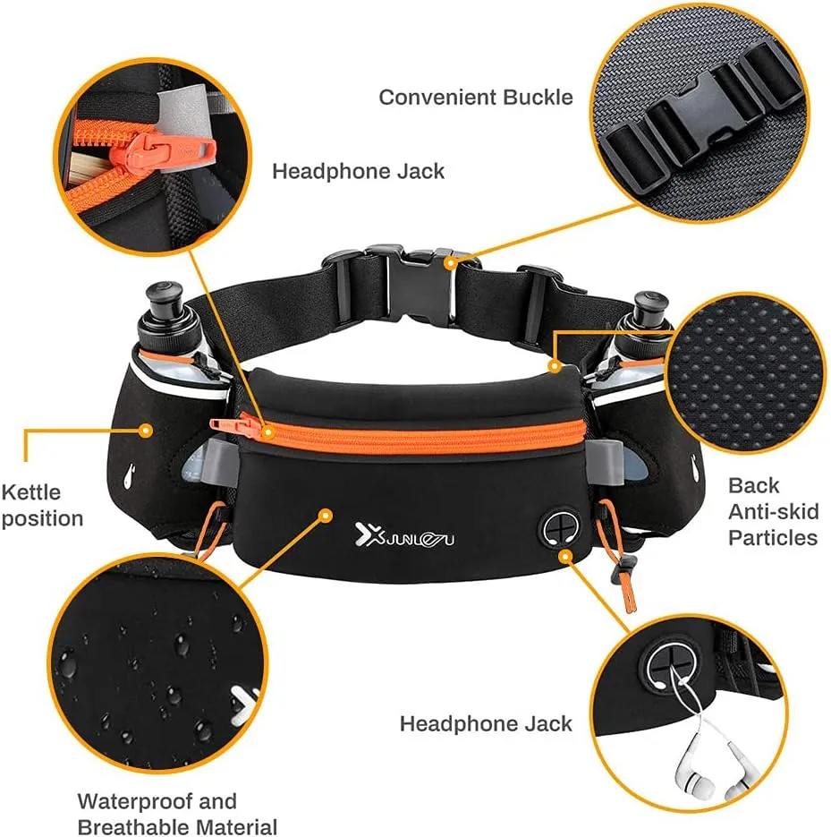 Running Belt with Water Bottles(2 x 175ML), Hydration Belt Waterproof Waist Pack Bag Fits iPhones Adjustable Sports Waist Pouch for Marathon Running Hiking Cycling,Orange