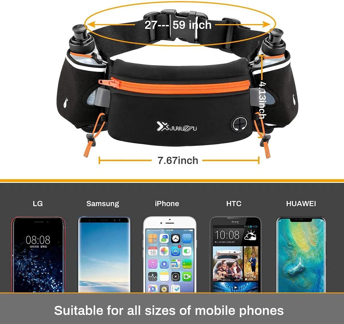 Running Belt with Water Bottles(2 x 175ML), Hydration Belt Waterproof Waist Pack Bag Fits iPhones Adjustable Sports Waist Pouch for Marathon Running Hiking Cycling,Orange