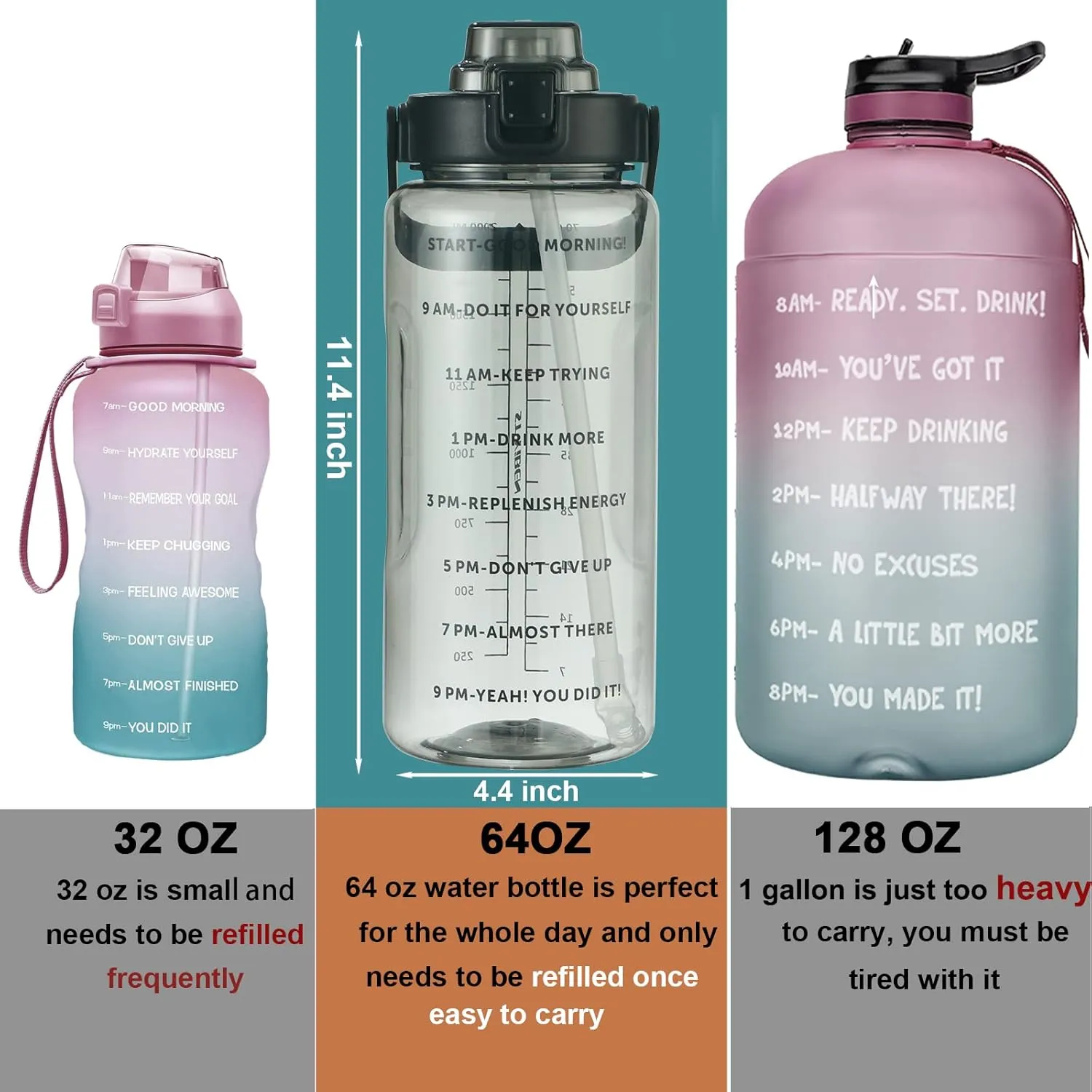 RYI Half Gallon Water Bottle with Sleeve & Strap 64 OZ Motivational Water Bottles with Straw Large Wide Mouth Water Jug with Time Marker for Fitness, Gym and Outdoor Sports, Leak-proof & BPA Free
