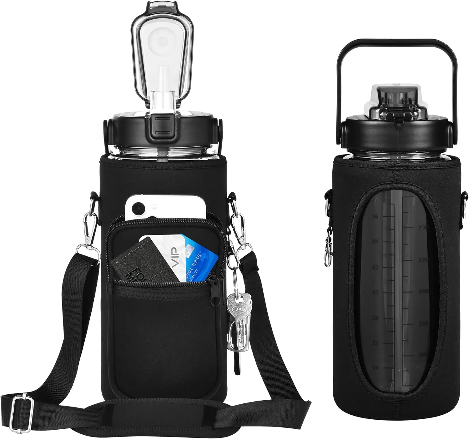 RYI Half Gallon Water Bottle with Sleeve & Strap 64 OZ Motivational Water Bottles with Straw Large Wide Mouth Water Jug with Time Marker for Fitness, Gym and Outdoor Sports, Leak-proof & BPA Free