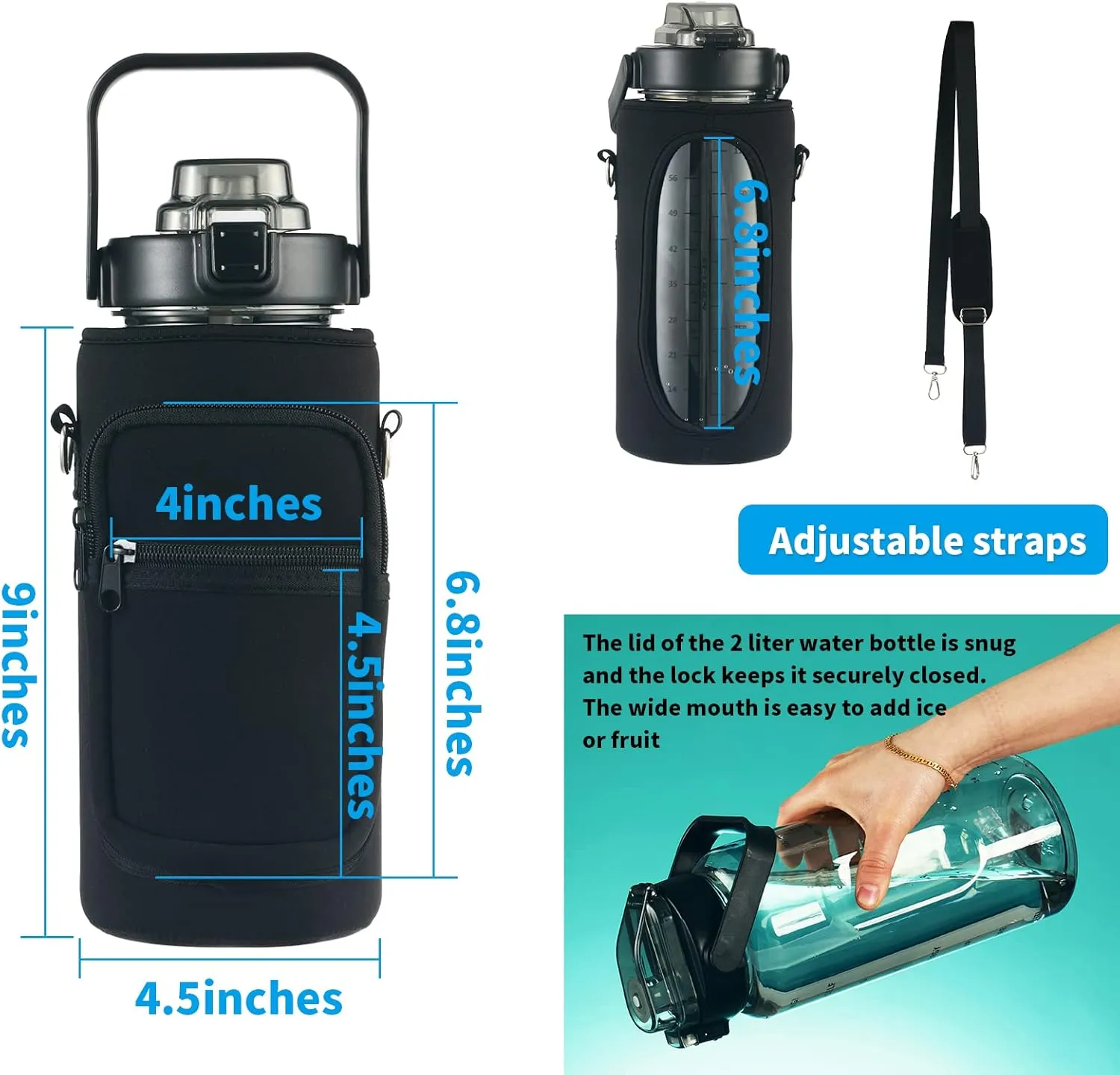 RYI Half Gallon Water Bottle with Sleeve & Strap 64 OZ Motivational Water Bottles with Straw Large Wide Mouth Water Jug with Time Marker for Fitness, Gym and Outdoor Sports, Leak-proof & BPA Free