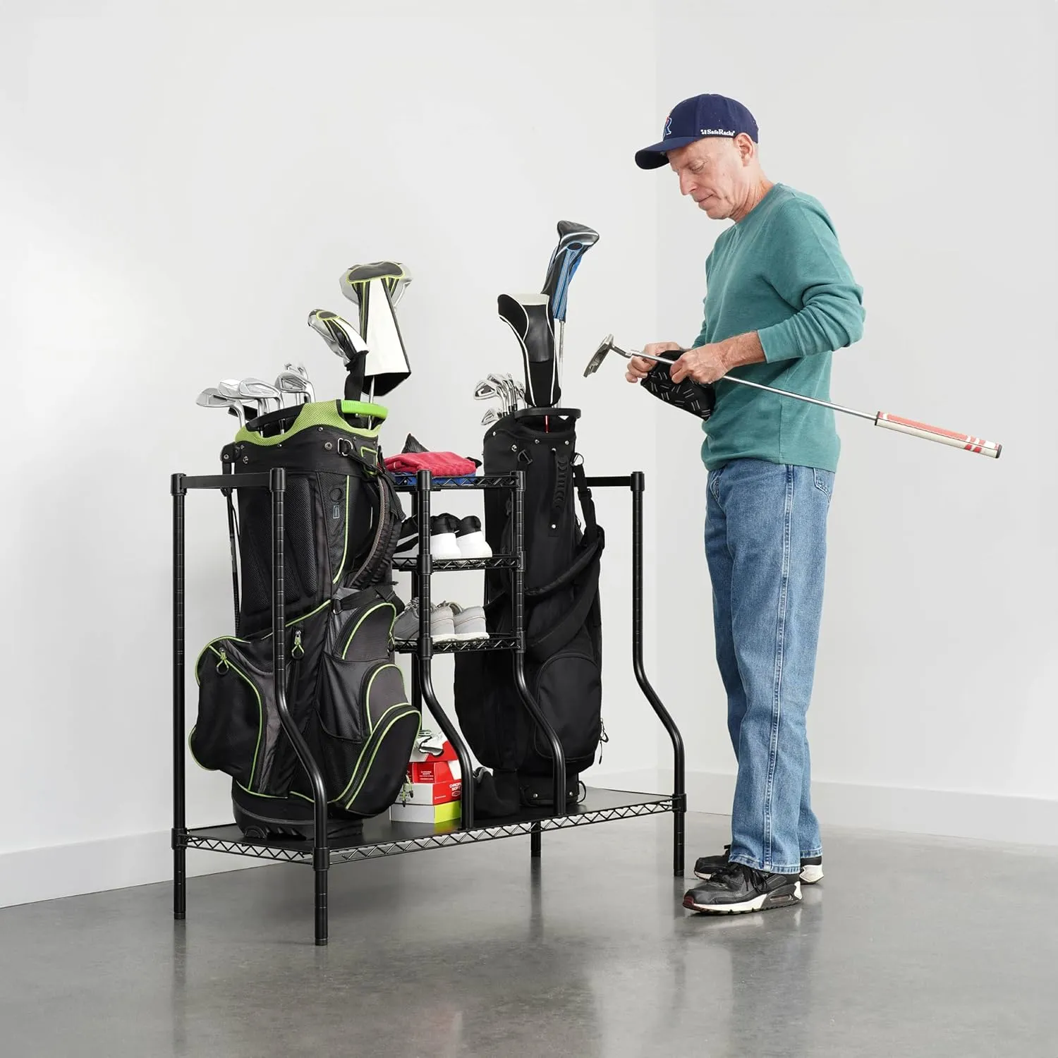 SafeRacks Golf Equipment Organizer Rack, Golf Bag Storage Rack for Garage, Fits 2 XL Bags & Accessories - Standard and Deluxe