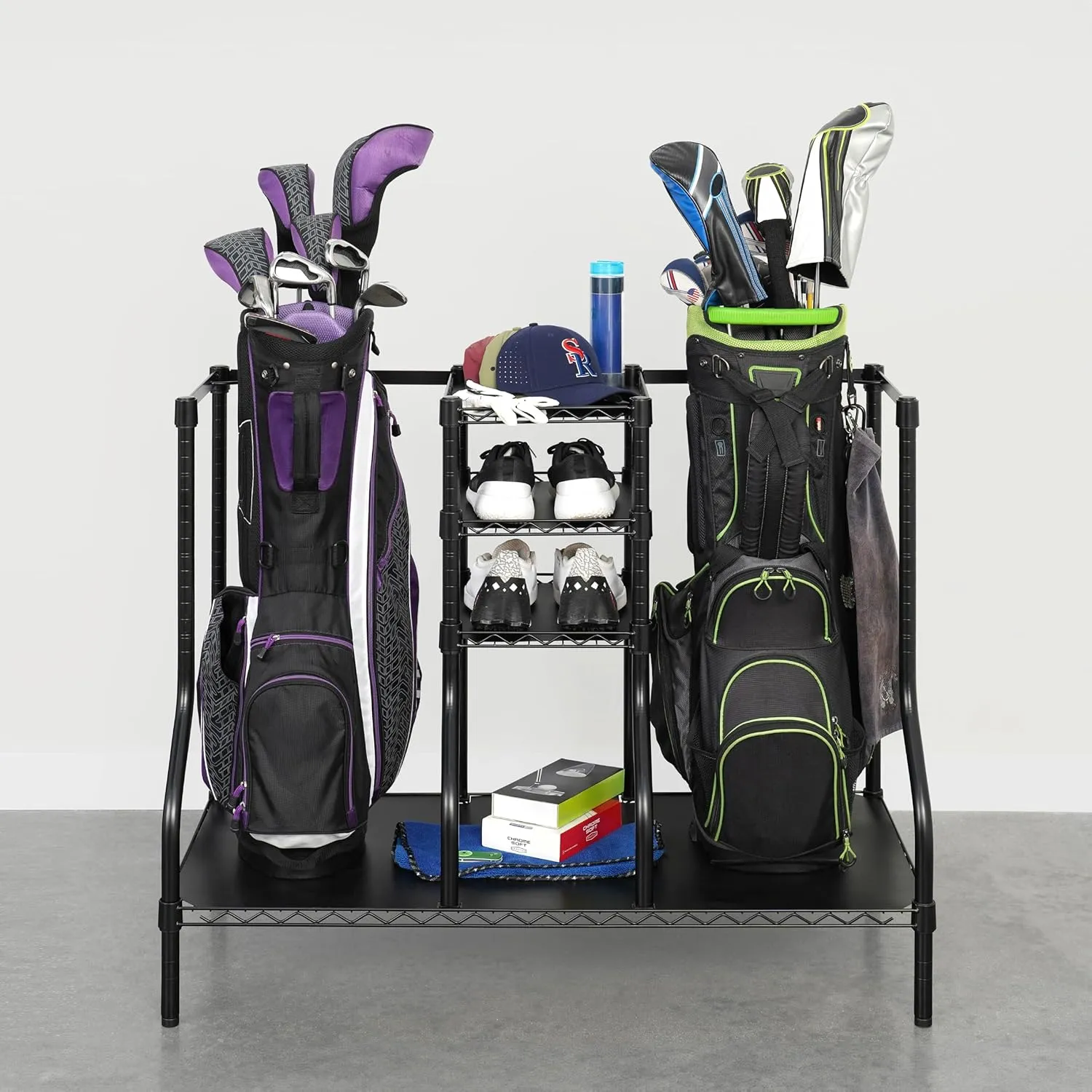 SafeRacks Golf Equipment Organizer Rack, Golf Bag Storage Rack for Garage, Fits 2 XL Bags & Accessories - Standard and Deluxe