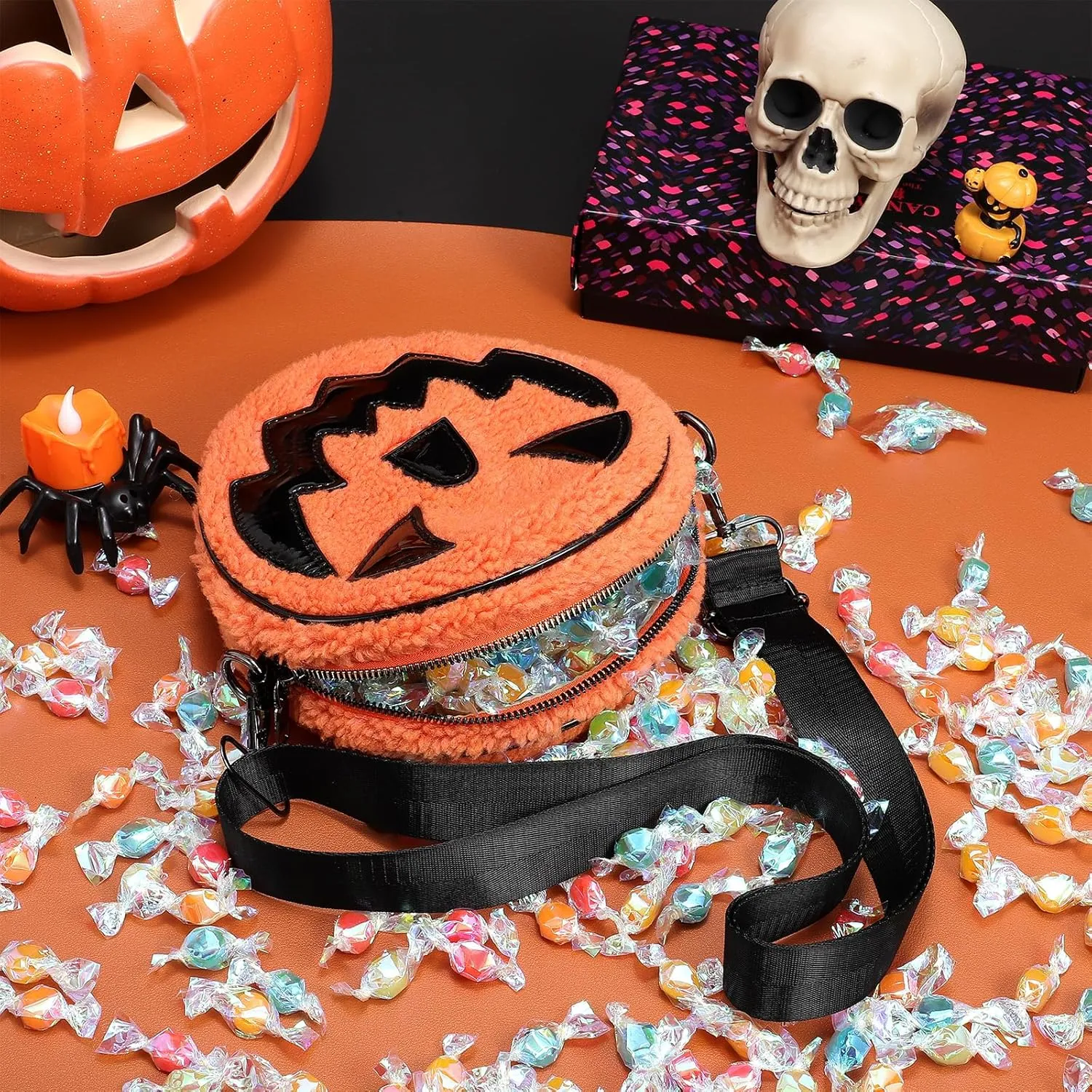 SANSTHS Fleece Halloween Pumpkin Purse Pumpkin Shoulder Bag Crossbody Bag for Women