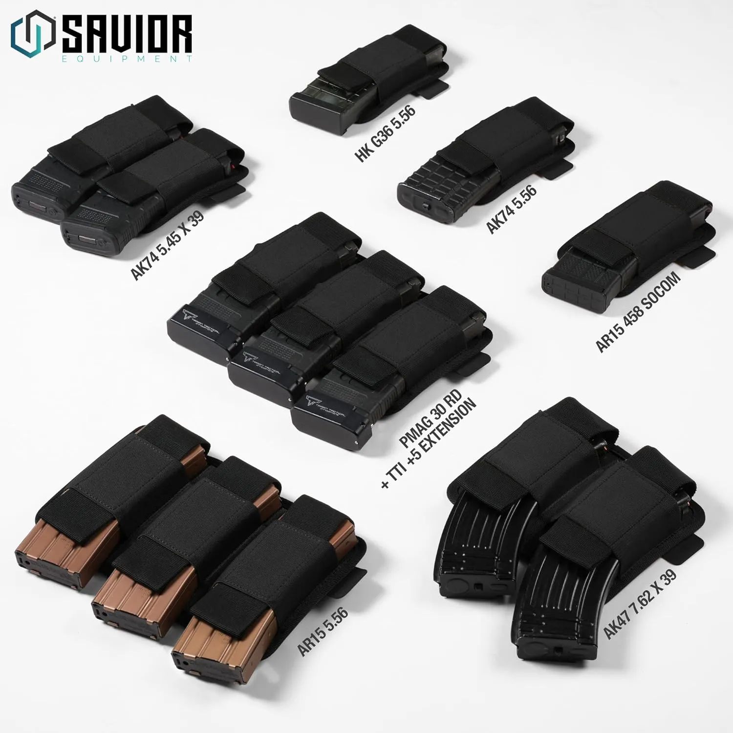 Savior Equipment Tactical Rifle Mag Pouch 5.56mm 7.62mm Carbine Softshell Mags Holder Storage Universal Magazine Carrier, Elastic Band to Hold Tight, Hook-Backed Panel