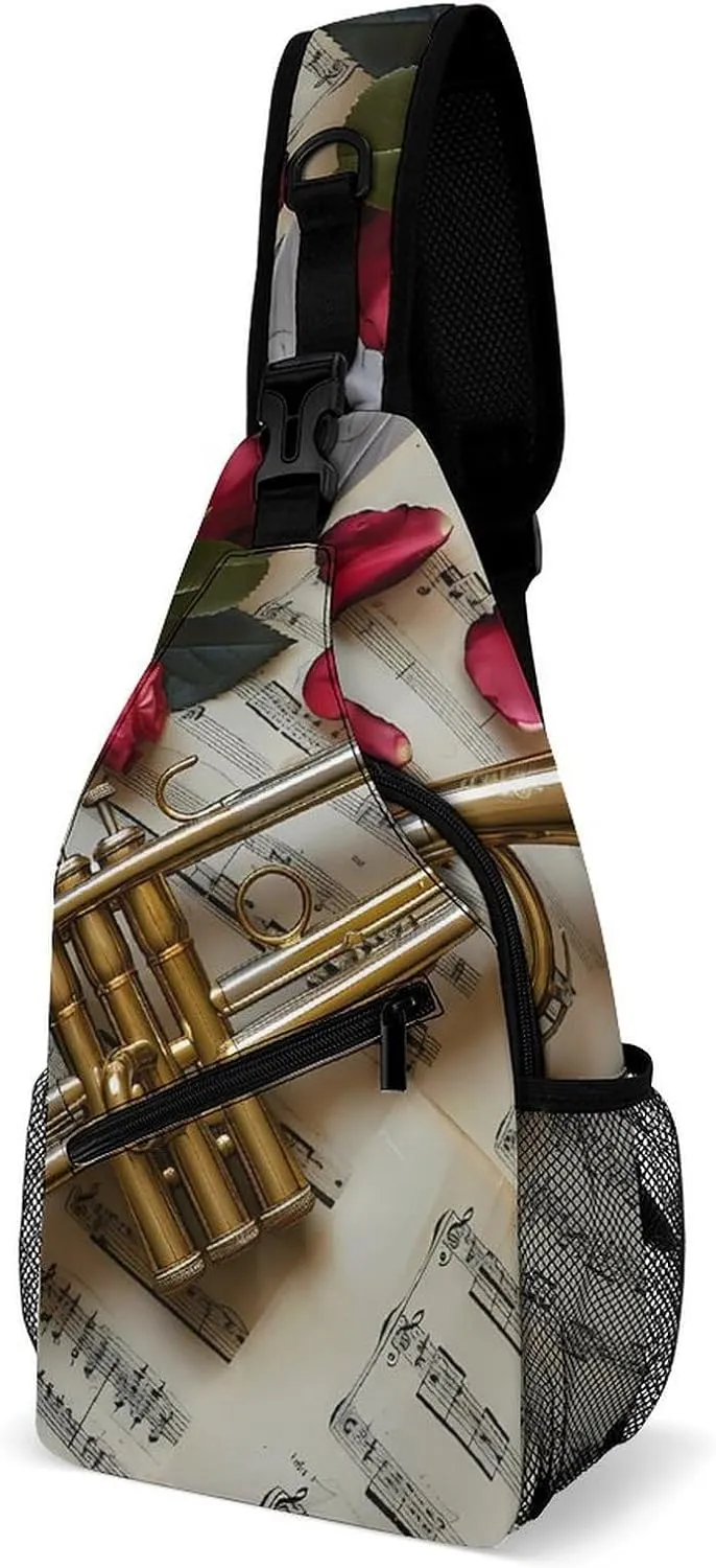 Saxophone with Music Note Sheets Music Instruments Photography Sling Bag Casual Chest Bag Daypack Crossbody Fanny Pack Cross Body Bag for Outdoors Hiking Traveling