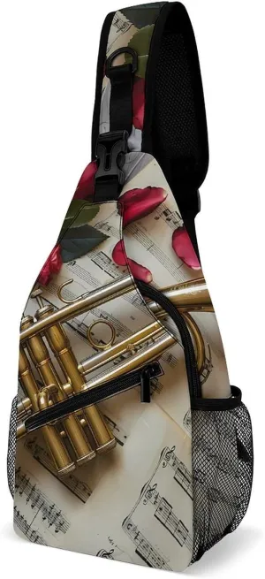 Saxophone with Music Note Sheets Music Instruments Photography Sling Bag Casual Chest Bag Daypack Crossbody Fanny Pack Cross Body Bag for Outdoors Hiking Traveling
