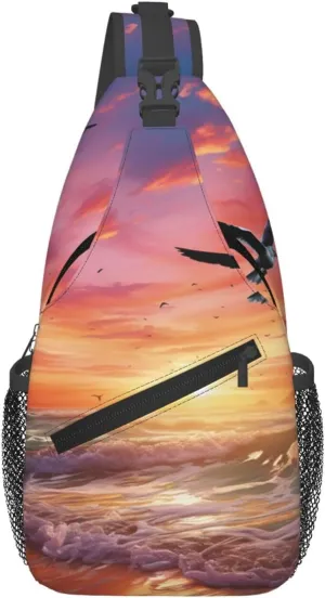 Sea gull Flying Over Colorful Sky Cross Chest Bag Diagonally Sling Backpack Outdoor Travel Cycling Bag for Men Women
