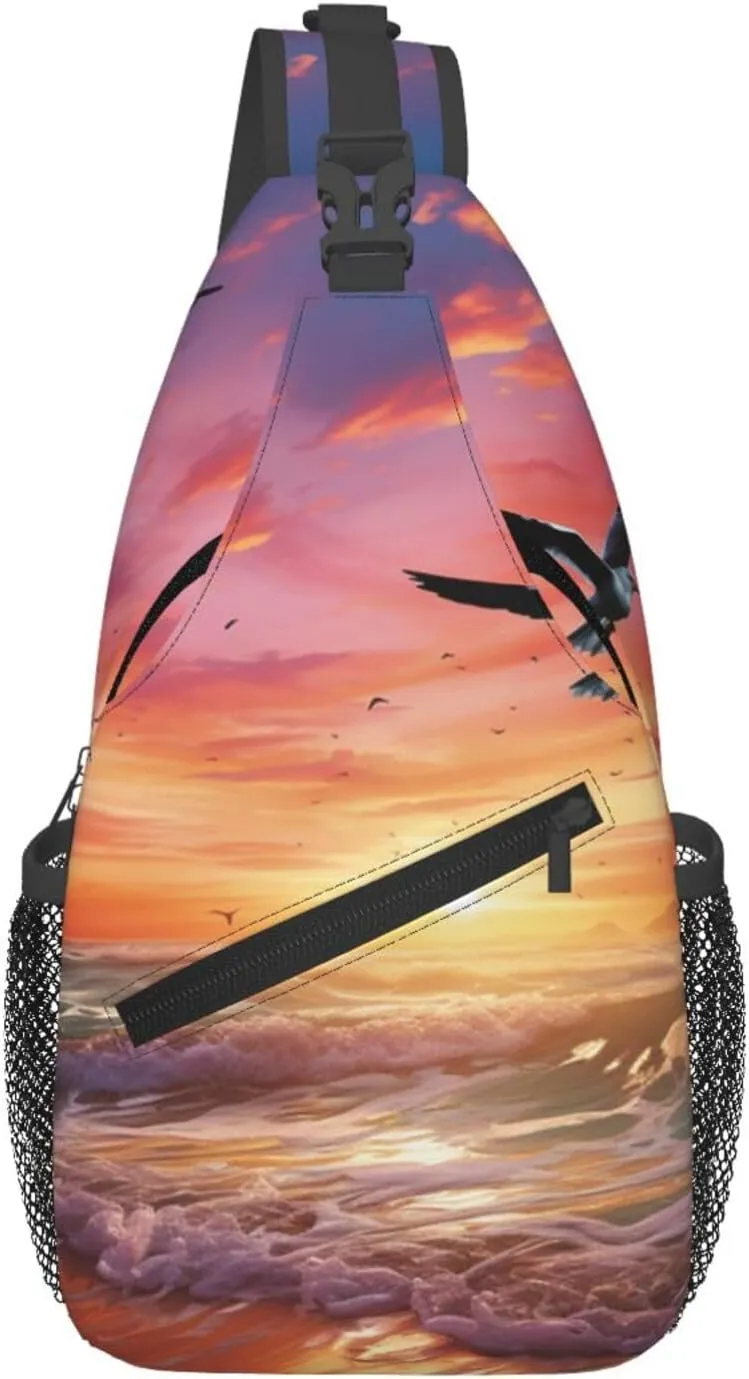 Sea gull Flying Over Colorful Sky Cross Chest Bag Diagonally Sling Backpack Outdoor Travel Cycling Bag for Men Women