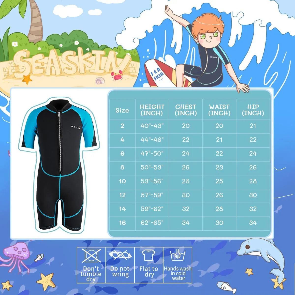 Seaskin Kids Wetsuit for Boys Girls Toddlers, 2mm Front Zipper Shorty Wetsuits, 3mm Back Zip Full Wetsuit, Neoprene Thermal Swimsuits for Diving Surfing Swim Lessons