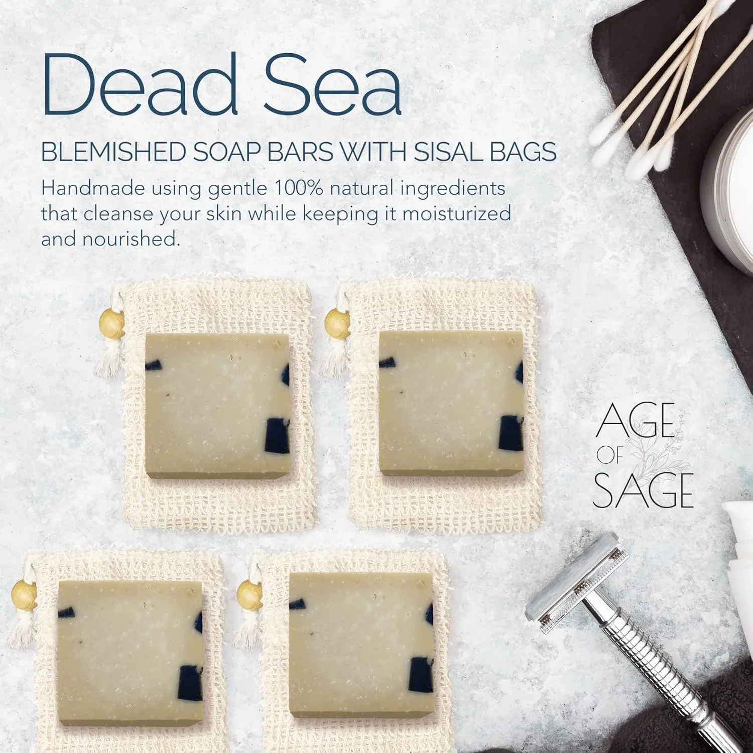 Self tanner of Sage Natural Soap Bar w/Sisal Bag, Vegan Artisan Soap Bar Set for Men, Body Soap in Bar Soap Pouch, Natural Bath Soaps w/Essential Oils, 4 Plain Body Soap Bars, Dead Sea Scrub