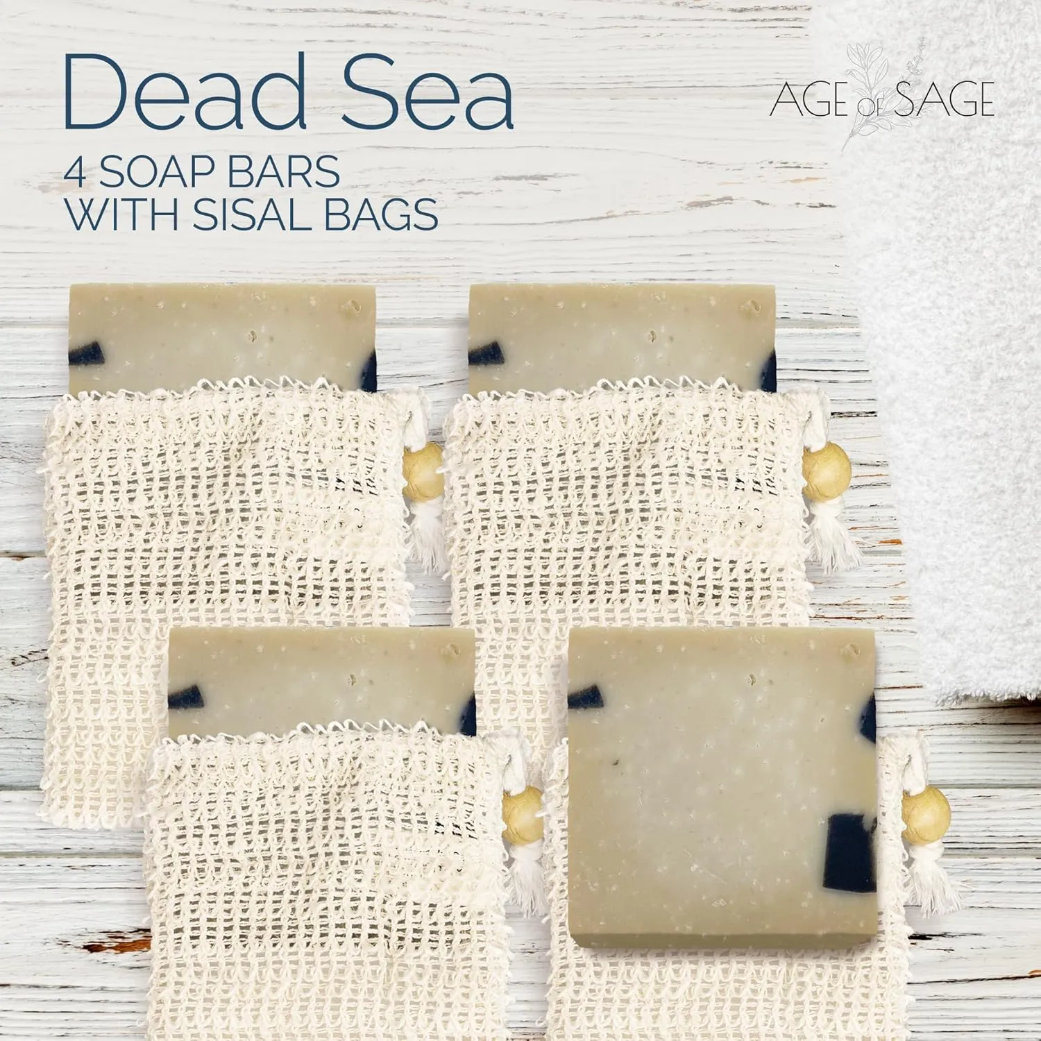 Self tanner of Sage Natural Soap Bar w/Sisal Bag, Vegan Artisan Soap Bar Set for Men, Body Soap in Bar Soap Pouch, Natural Bath Soaps w/Essential Oils, 4 Plain Body Soap Bars, Dead Sea Scrub