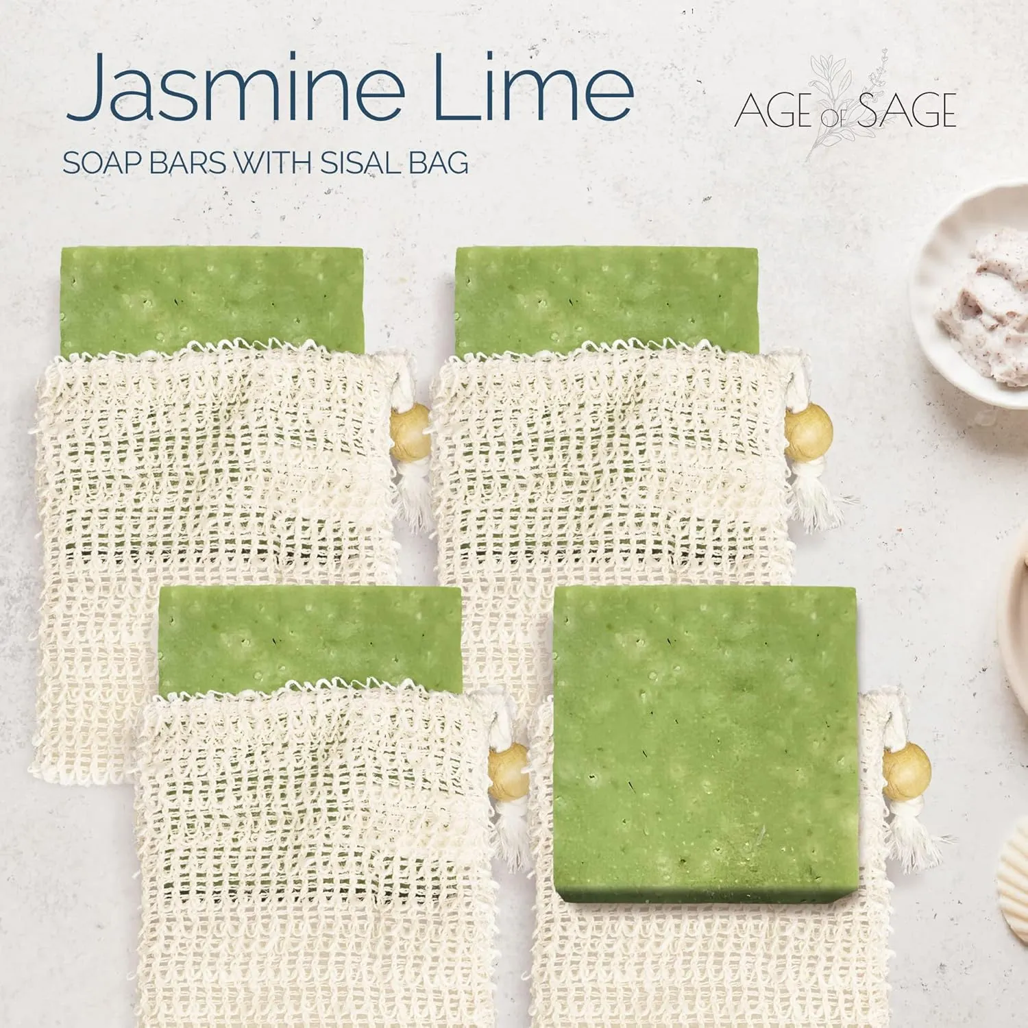 self-tanners Natural Soap Bar w/Sisal Bag, Vegan Artisan Soap Bar Set for Women, Body Soap in Bar Soap Pouch, Natural Bath Soaps w/Essential Oils, 4 Plain Body Soap Bars, Jasmine Lime