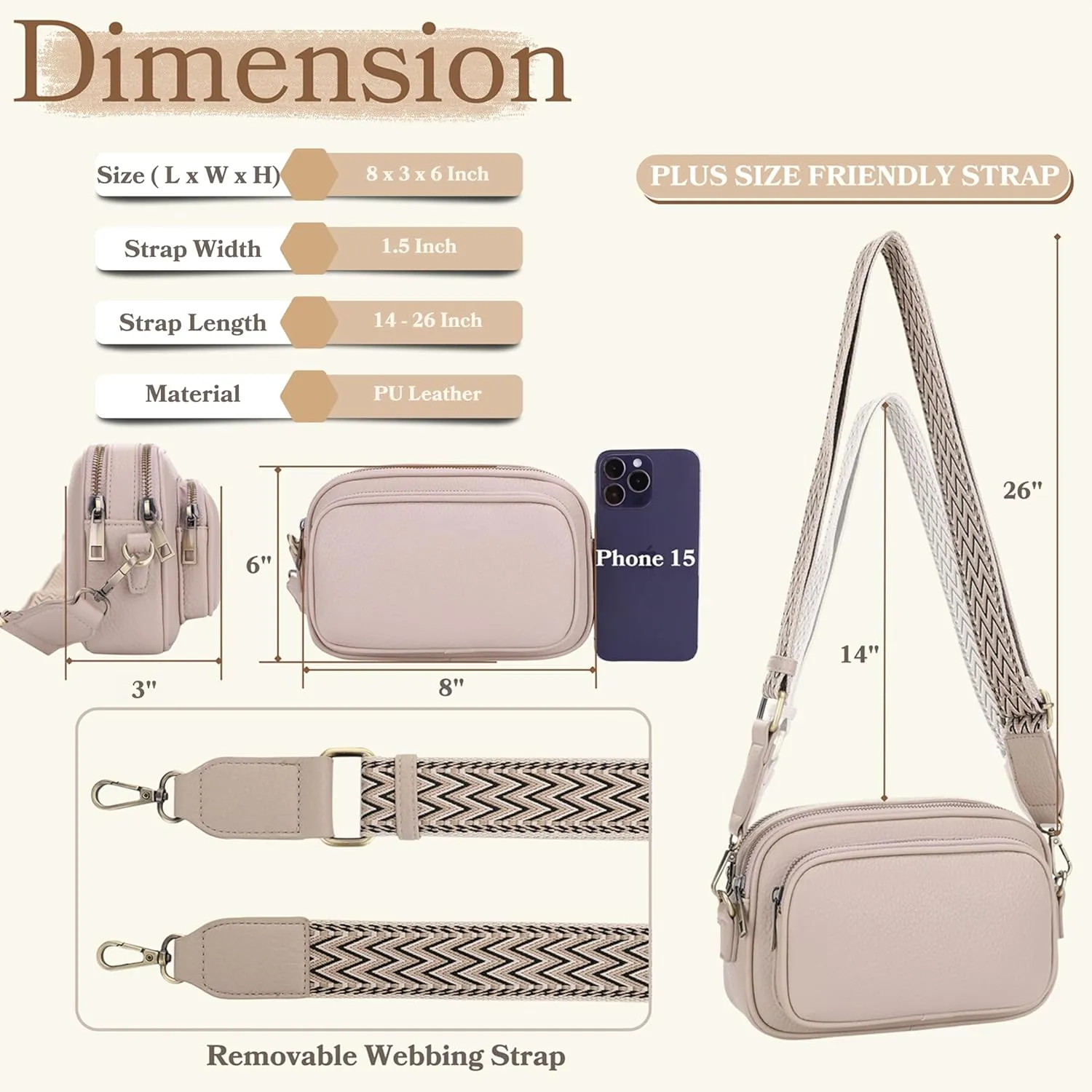 SG SUGU Small Crossbody Bag for Women, Triple Compartment Shoulder Handbags with Adjustable Strap, Camera Purse for Everyday