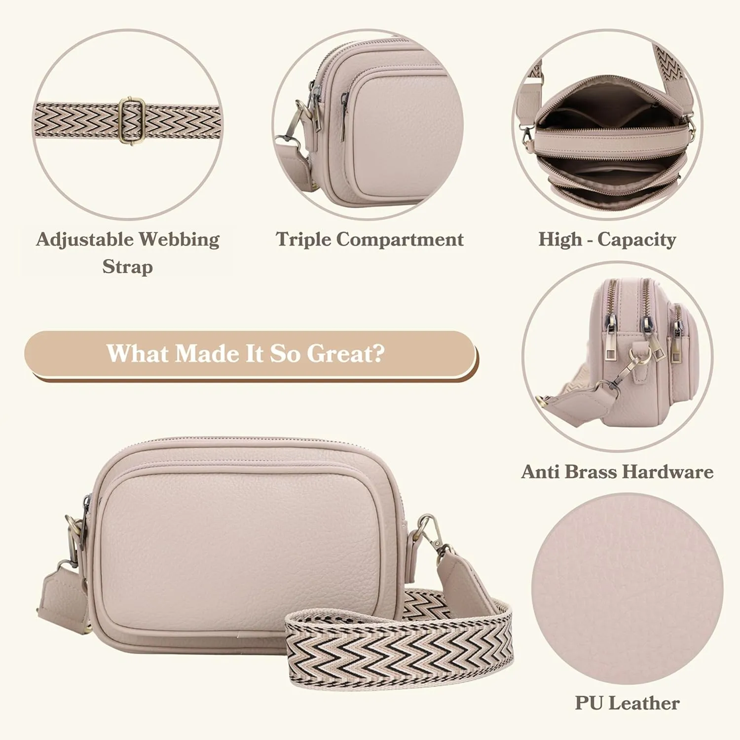SG SUGU Small Crossbody Bag for Women, Triple Compartment Shoulder Handbags with Adjustable Strap, Camera Purse for Everyday