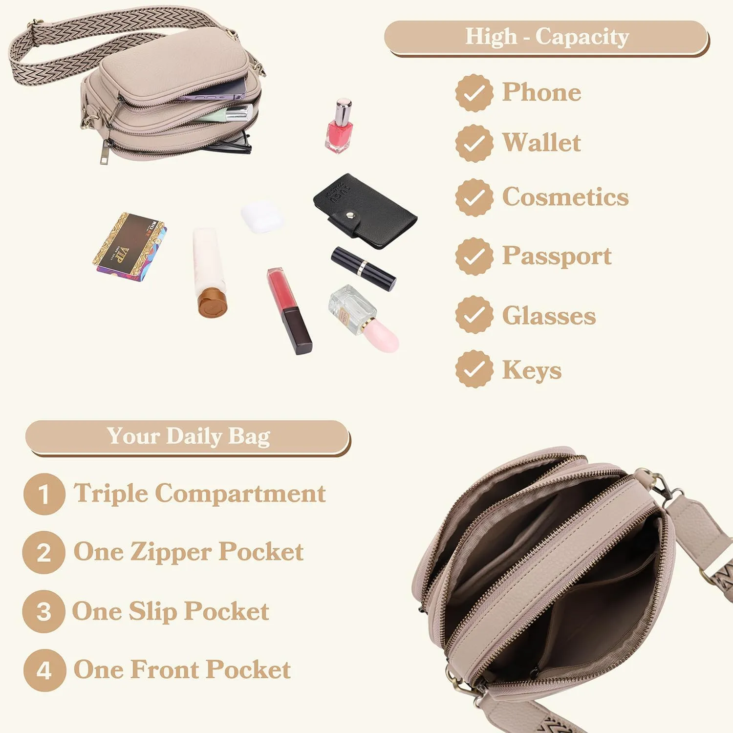 SG SUGU Small Crossbody Bag for Women, Triple Compartment Shoulder Handbags with Adjustable Strap, Camera Purse for Everyday