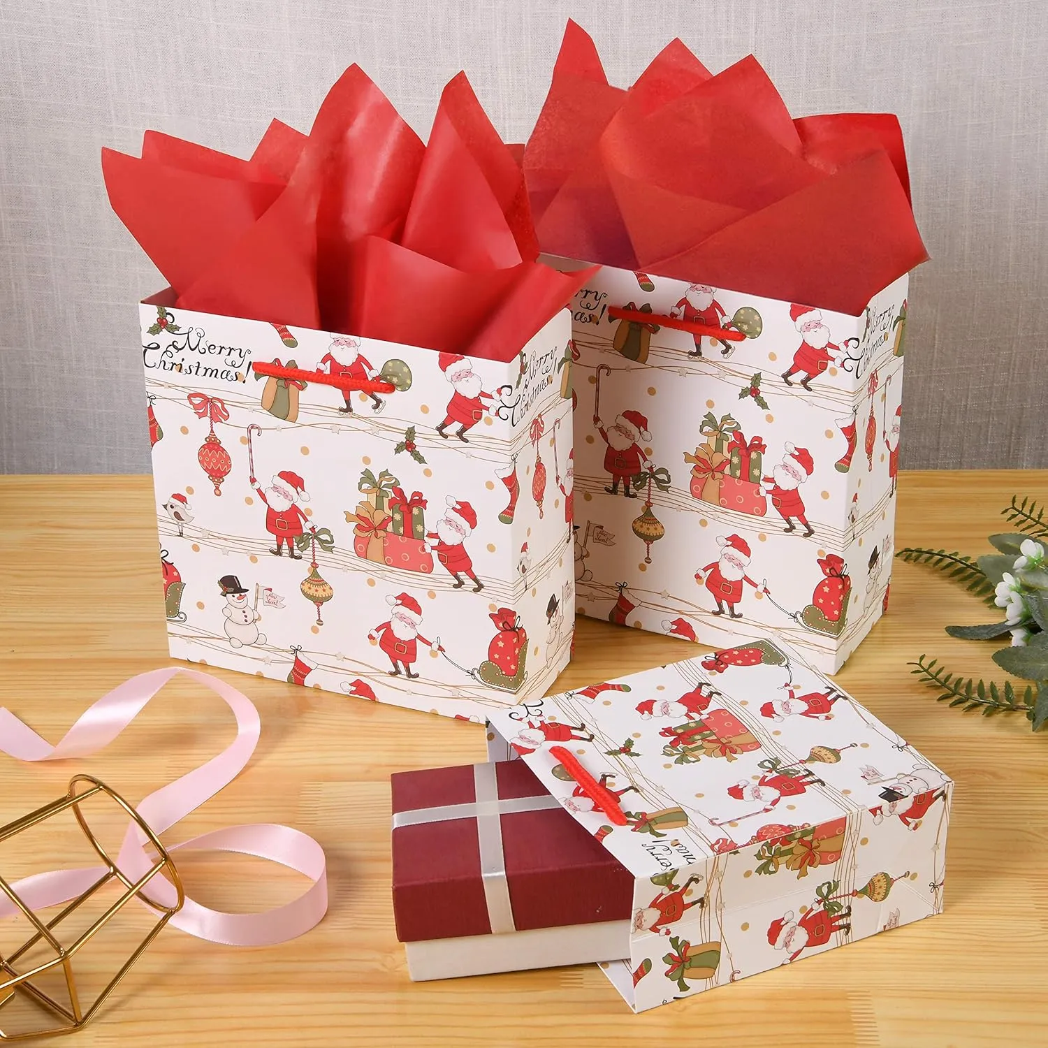 SHIPKEY 12 Pack Christmas Gift Bags, Santa Bags with Tissue Paper and Greeting Cards Christmas Treat Bags Assorted Sizes