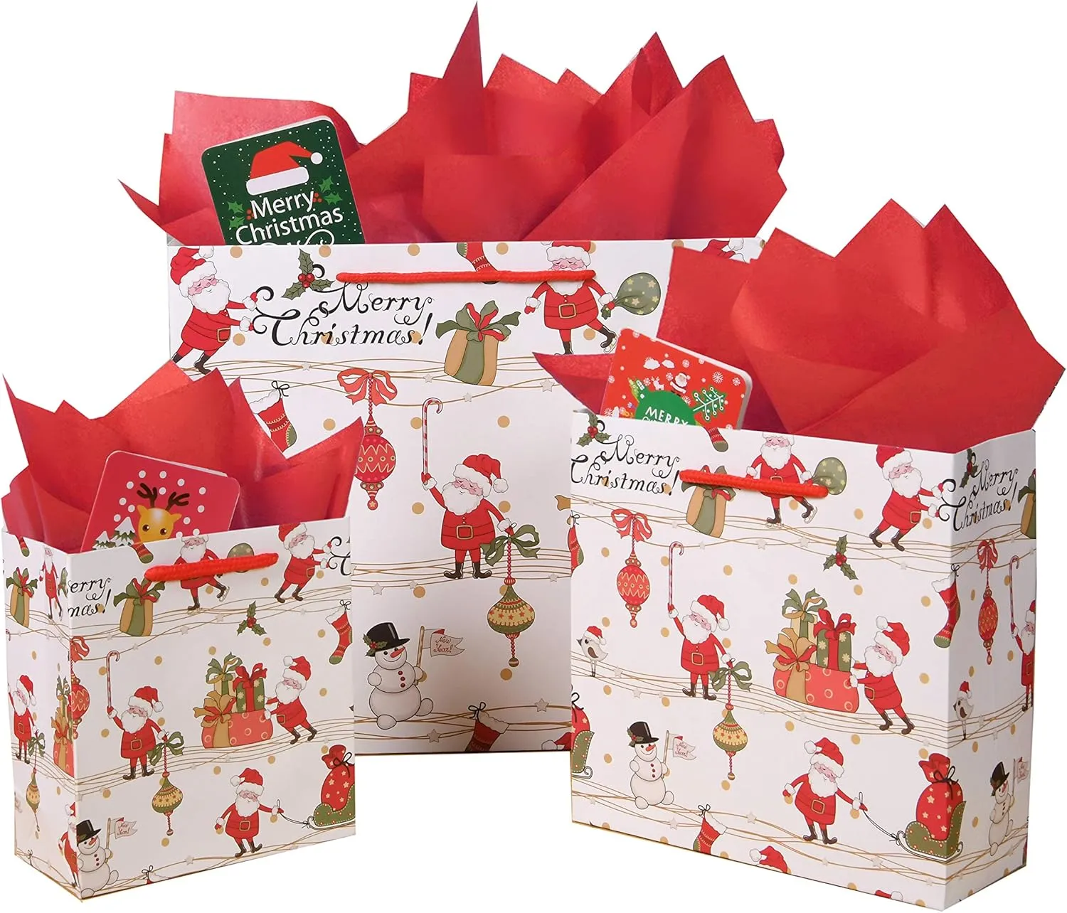 SHIPKEY 12 Pack Christmas Gift Bags, Santa Bags with Tissue Paper and Greeting Cards Christmas Treat Bags Assorted Sizes