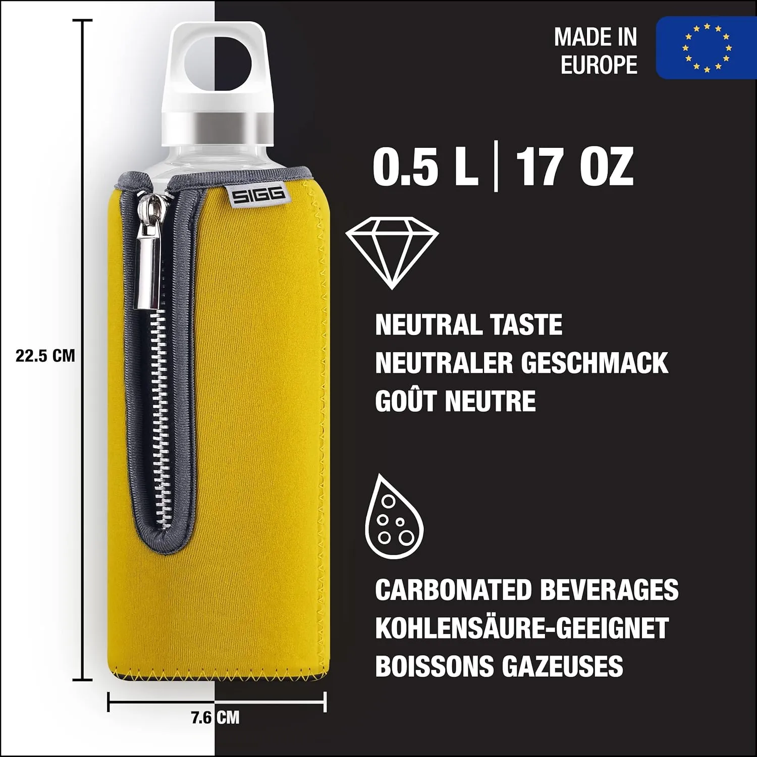 SIGG - Glass Water Bottle - Stella Yellow - With Neoprene Pouch - Leakproof - Dishwasher Safe - BPA Free - Recycled Glass - 17 Oz