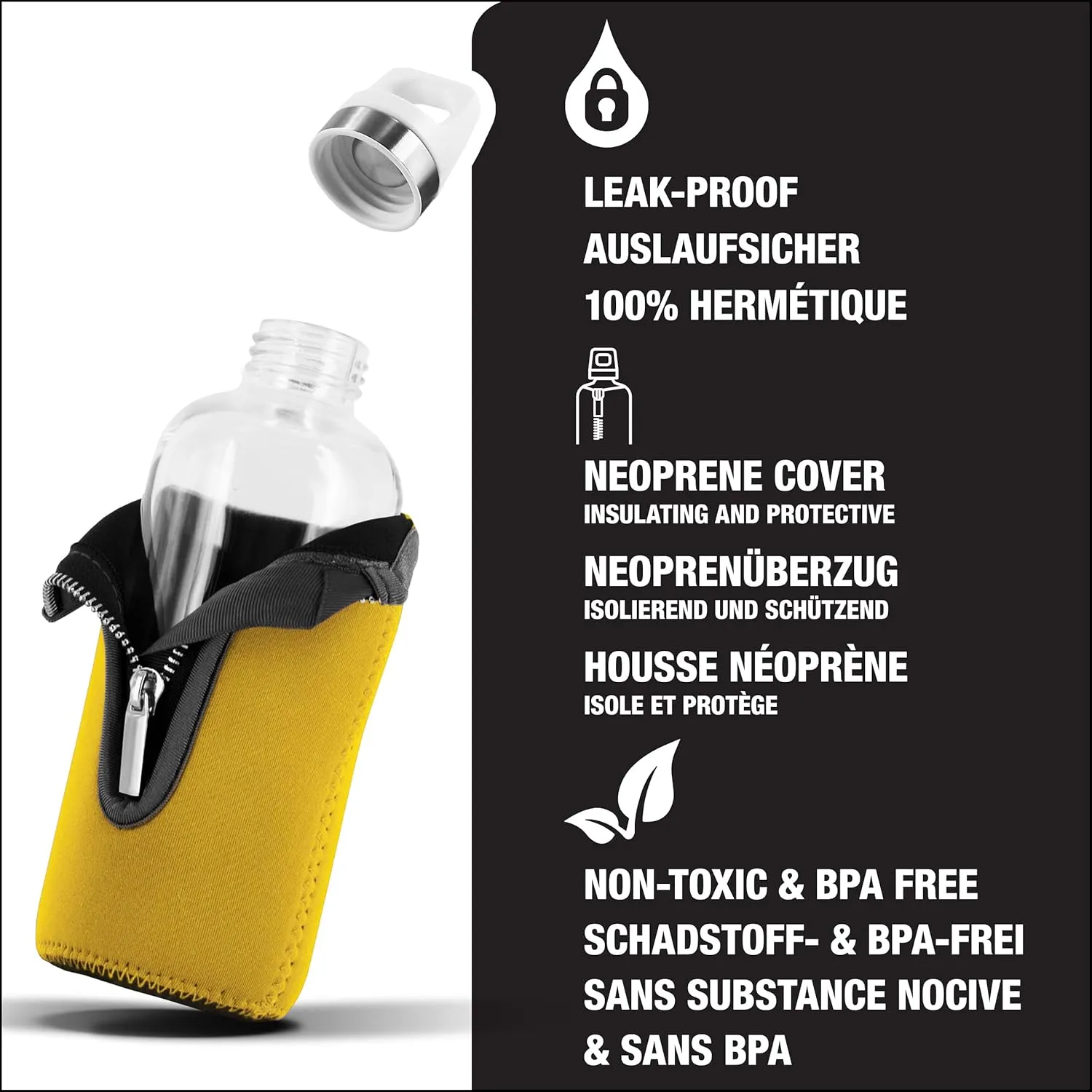 SIGG - Glass Water Bottle - Stella Yellow - With Neoprene Pouch - Leakproof - Dishwasher Safe - BPA Free - Recycled Glass - 17 Oz