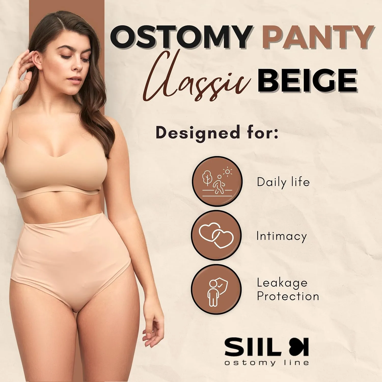 SIIL Ostomy Bag Covers, Underwear for Women for Stoma Bag Covers, Stoma Slips for ostomy bags XS-XXL Made in Europe (Beige)