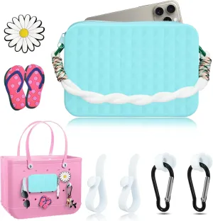 Silicone Phone Holder for Bogg Bag Accessories Inserts,Daisy Slipper Charms for Bogg Beach Bag Accessories,Bogg Organizer Wallet Pouch with Zipper,4pcs Hooks Clips Set for Simply Modern Bag (Blue)