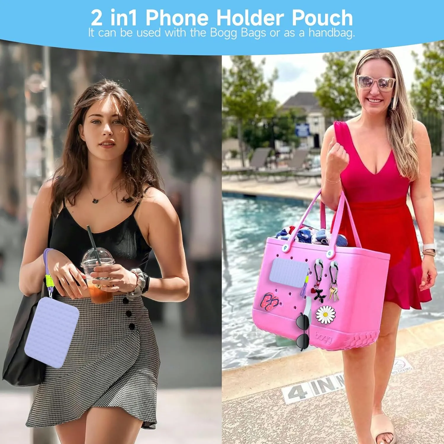 Silicone Phone Holder for Bogg Bag Accessories Inserts,Daisy Slipper Charms for Bogg Beach Bag Accessories,Bogg Organizer Wallet Pouch with Zipper,4pcs Hooks Clips Set for Simply Modern Bag (Blue)