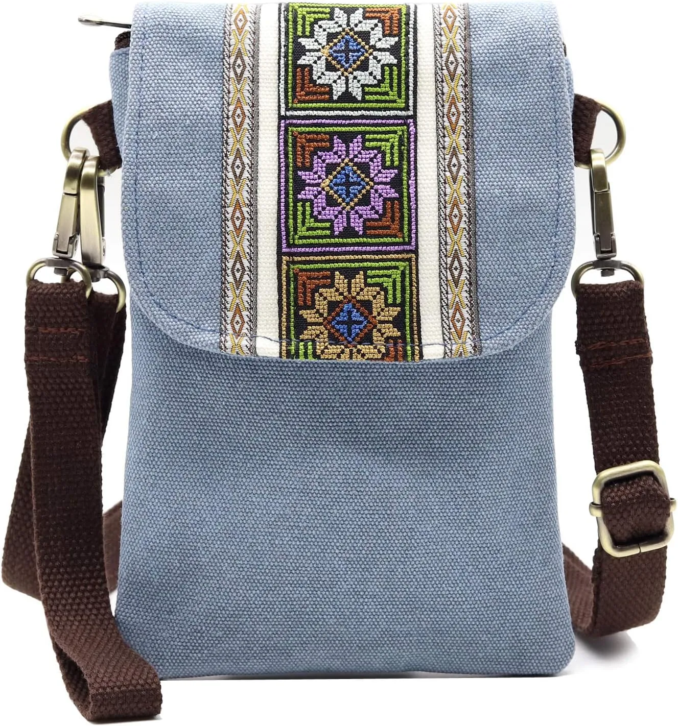 SILKAREA Vintage Embroidered Canvas Flip Small Crossbody Bag Cell Phone Pouch for Women Wristlet Wallet Bag Coin Purse