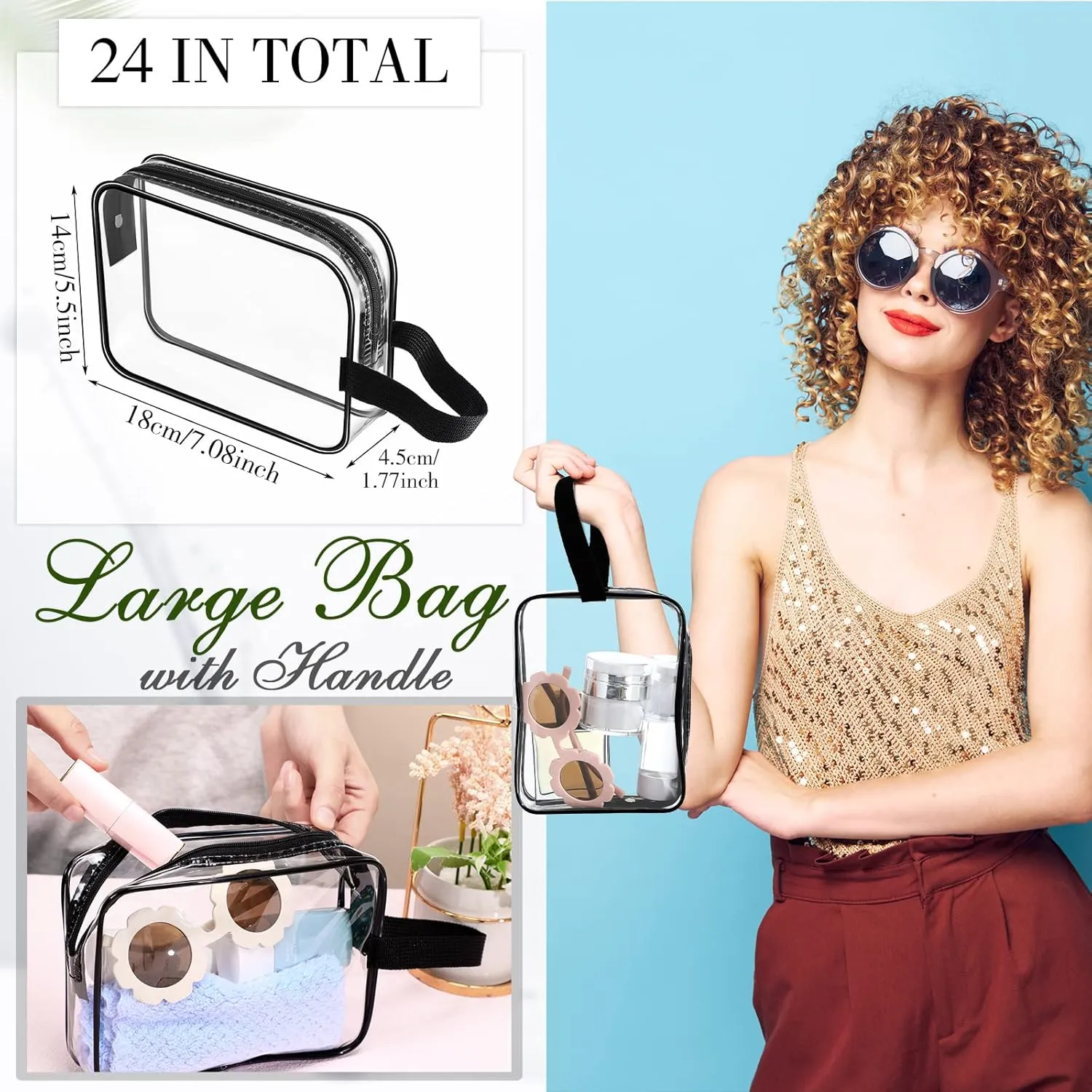 Silkfly Clear Toiletry Bag PVC Travel Cosmetic Bag with Handle Strap Makeup Pouch with Zipper Summer Vacation Salon Graduation Gift End of the Year Gifts(Black,24 Pack)