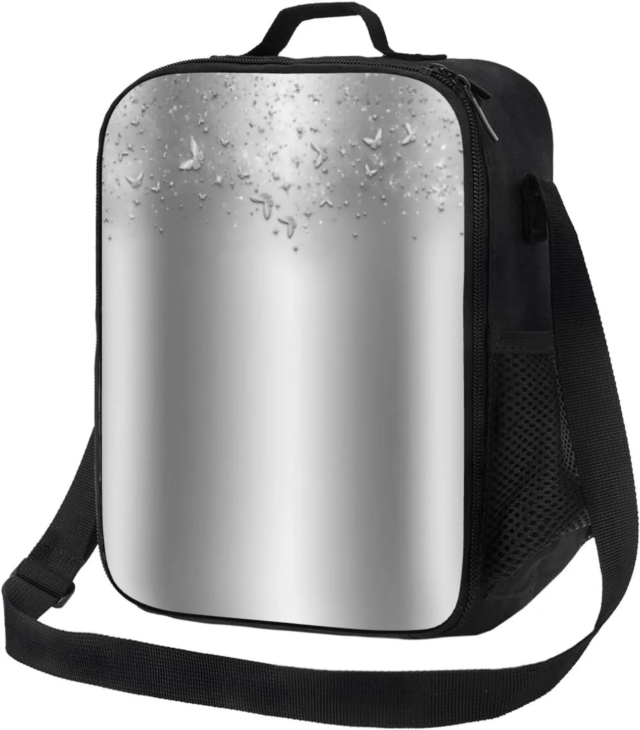 Silver Shimmer Sparkle Flutter Butterfly Lunch Tote Bag With Adjustable Shoulder Strap - Lunch Bag With Pockets For Work, Study And Picnic (10.5 X 8 X 4.5 Inches)