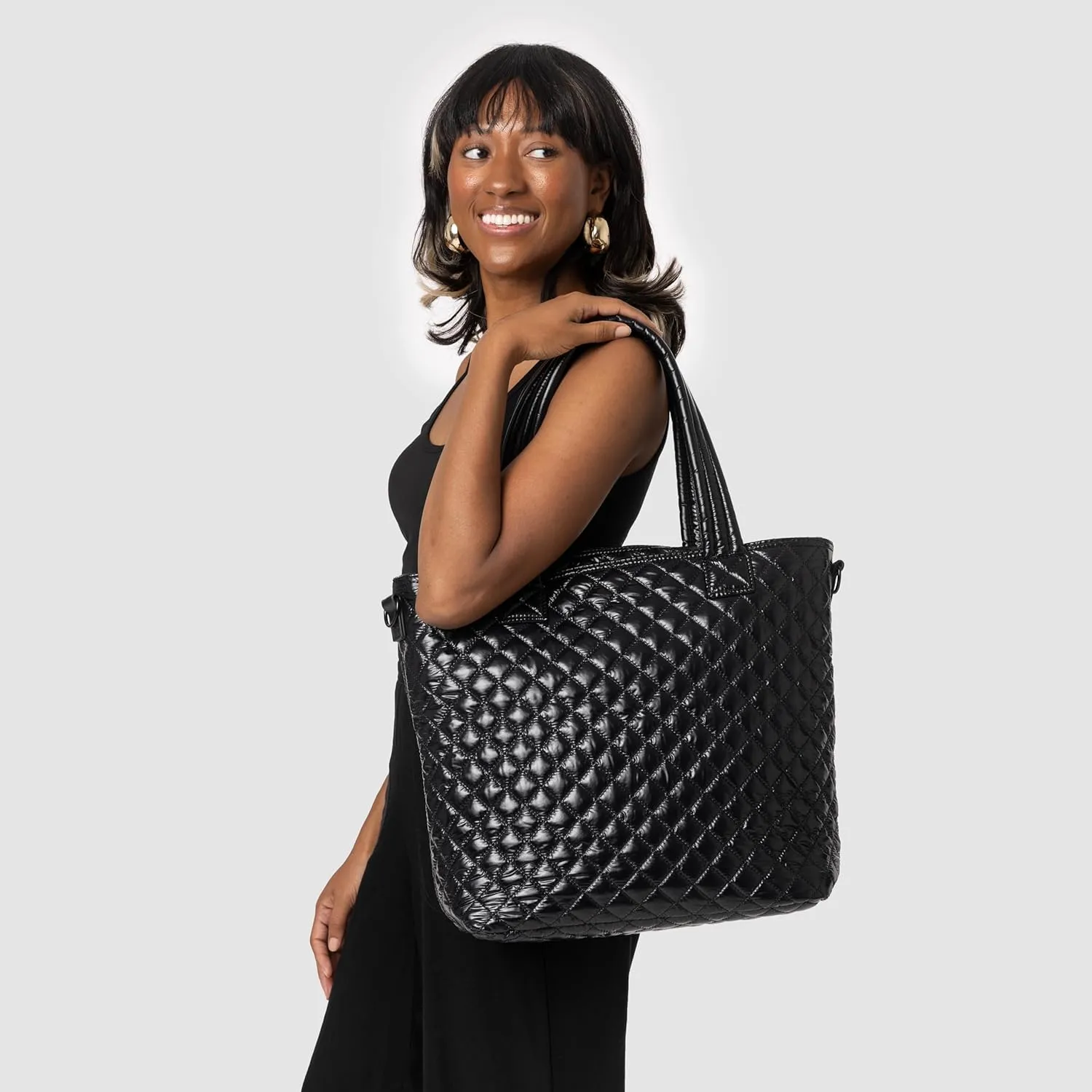 Simple Modern Quilted Tote Bag for Women | Medium Size w/Compartments & Laptop Sleeve | Adjustable Strap | Zipper Top